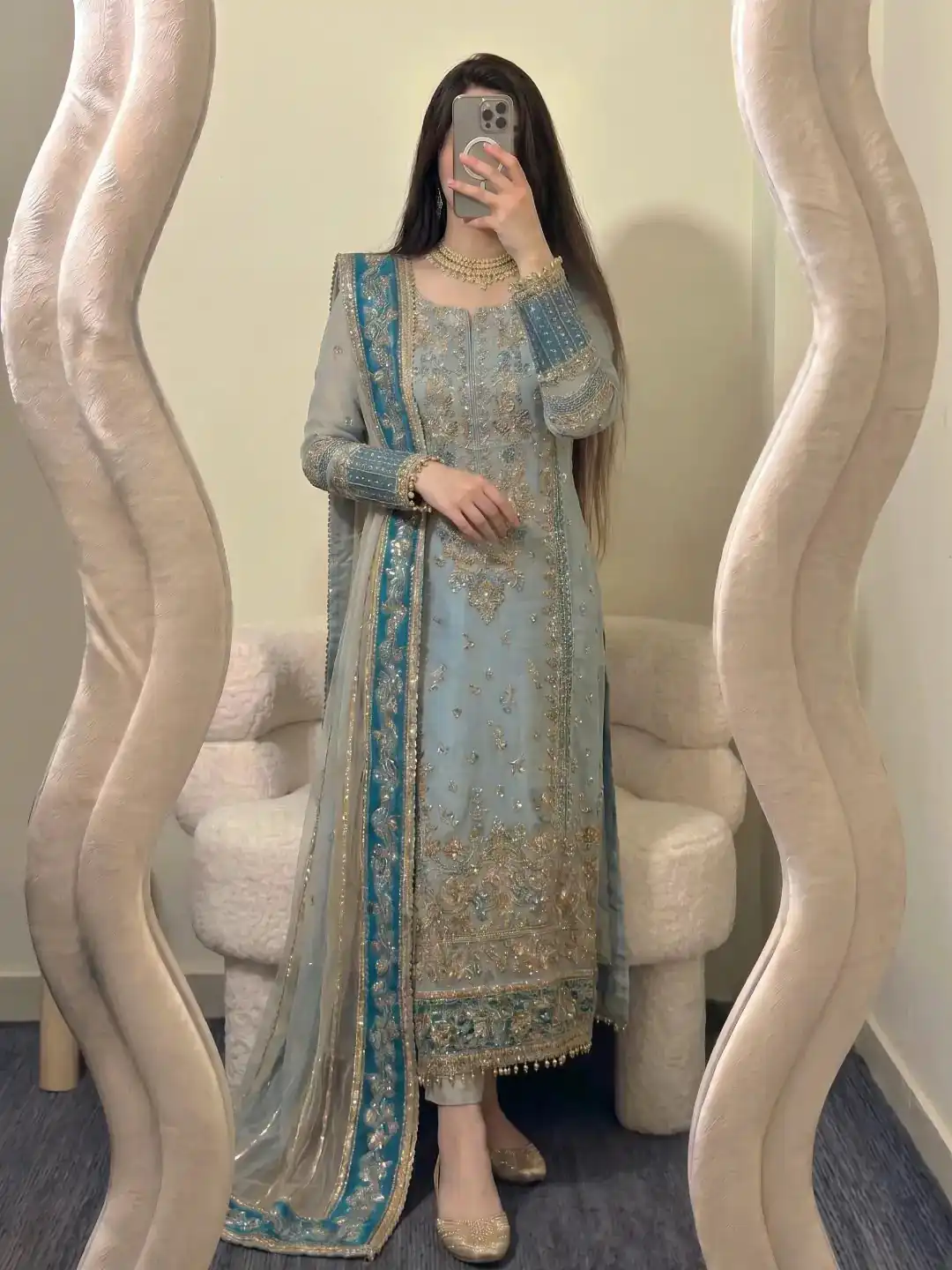 Cool Blue Fox Georgette Embroidery Work Salwar Suit - Image 5