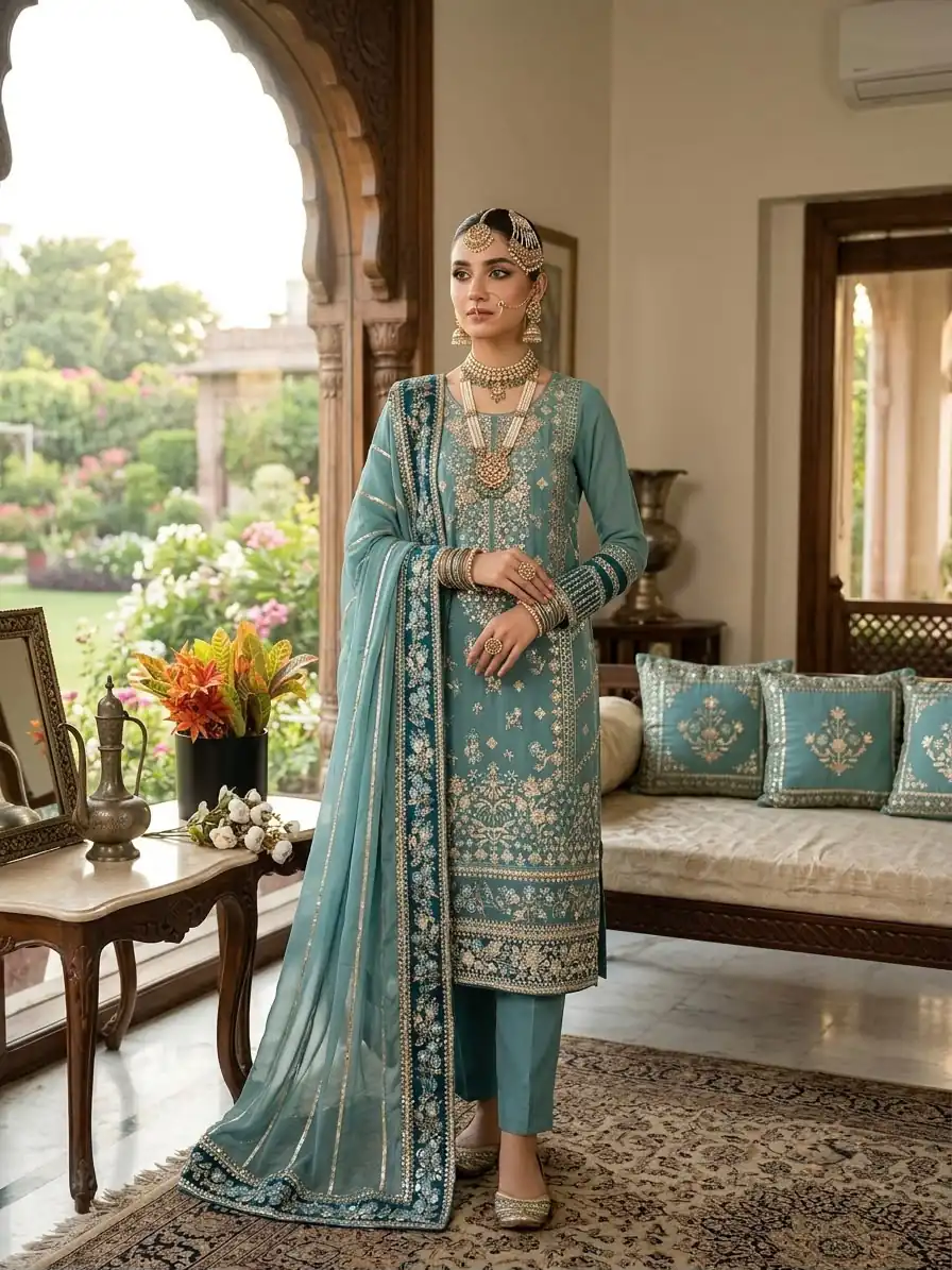 Cool Blue Fox Georgette Embroidery Work Salwar Suit - Image 4