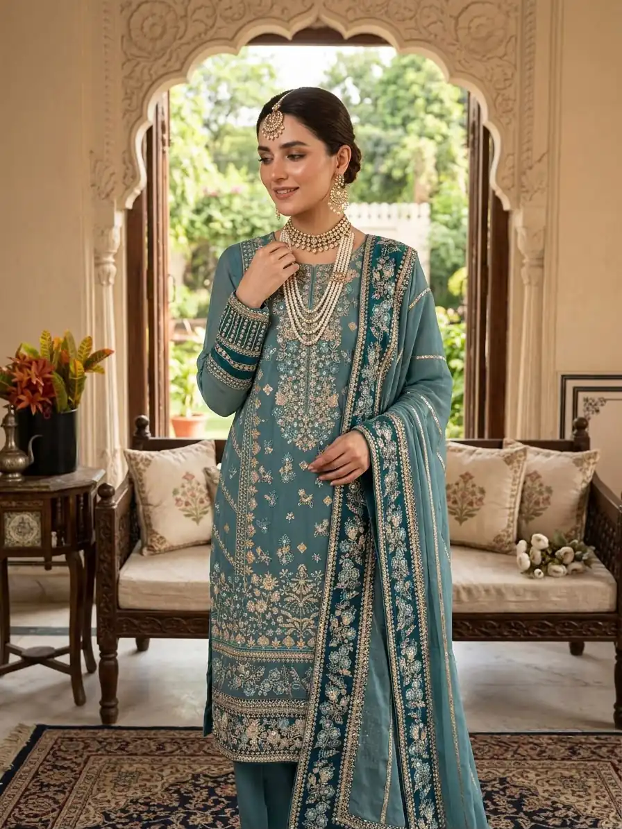 Cool Blue Fox Georgette Embroidery Work Salwar Suit - Image 3