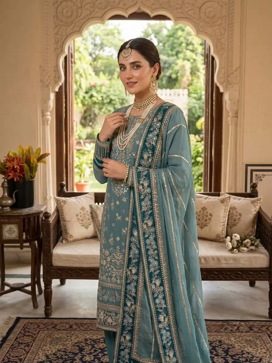 Cool Blue Fox Georgette Embroidery Work Salwar Suit - Image 2