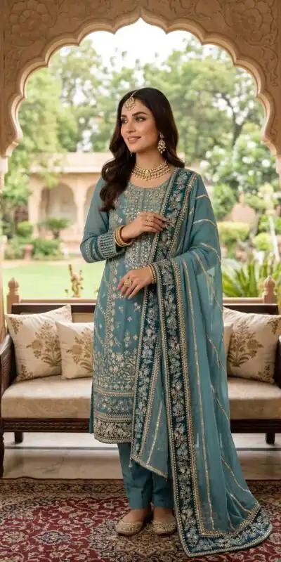 Cool Blue Fox Georgette Embroidery Work Salwar Suit