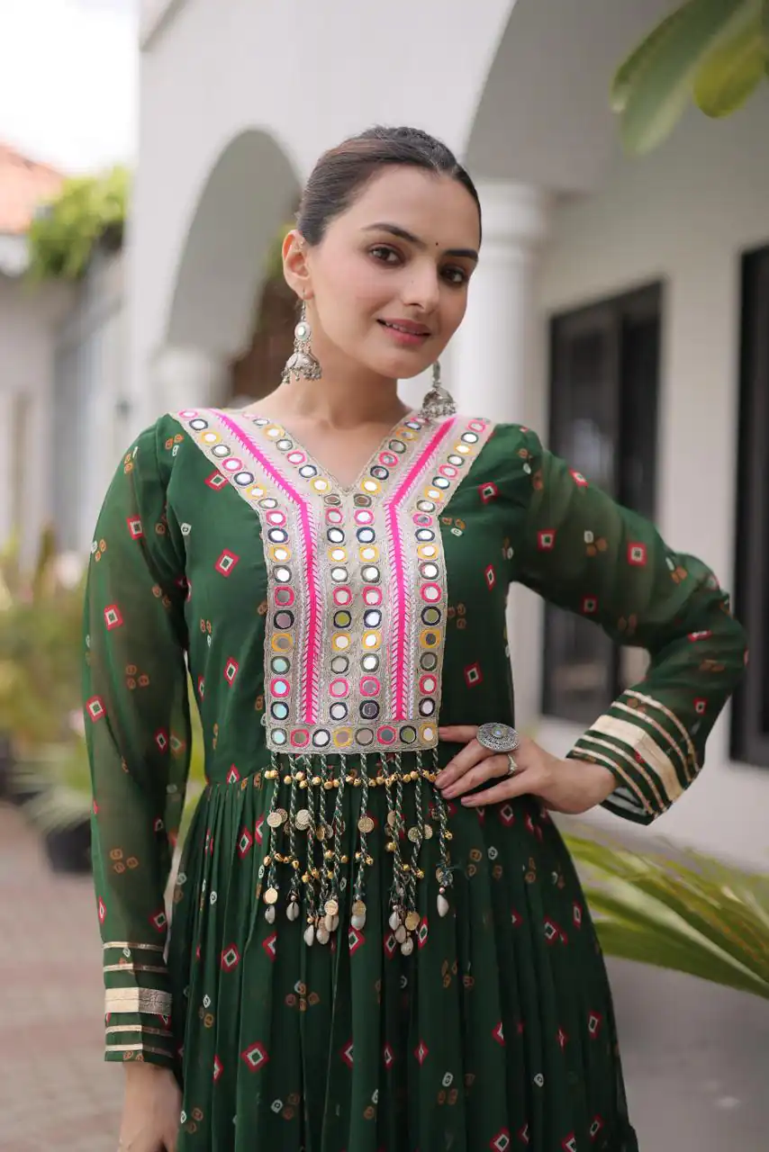 Cool Green Faux Georgette Laheriya Print Work Gown - Image 2