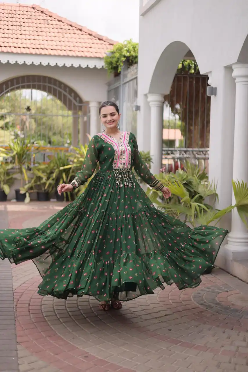 Cool Green Faux Georgette Laheriya Print Work Gown