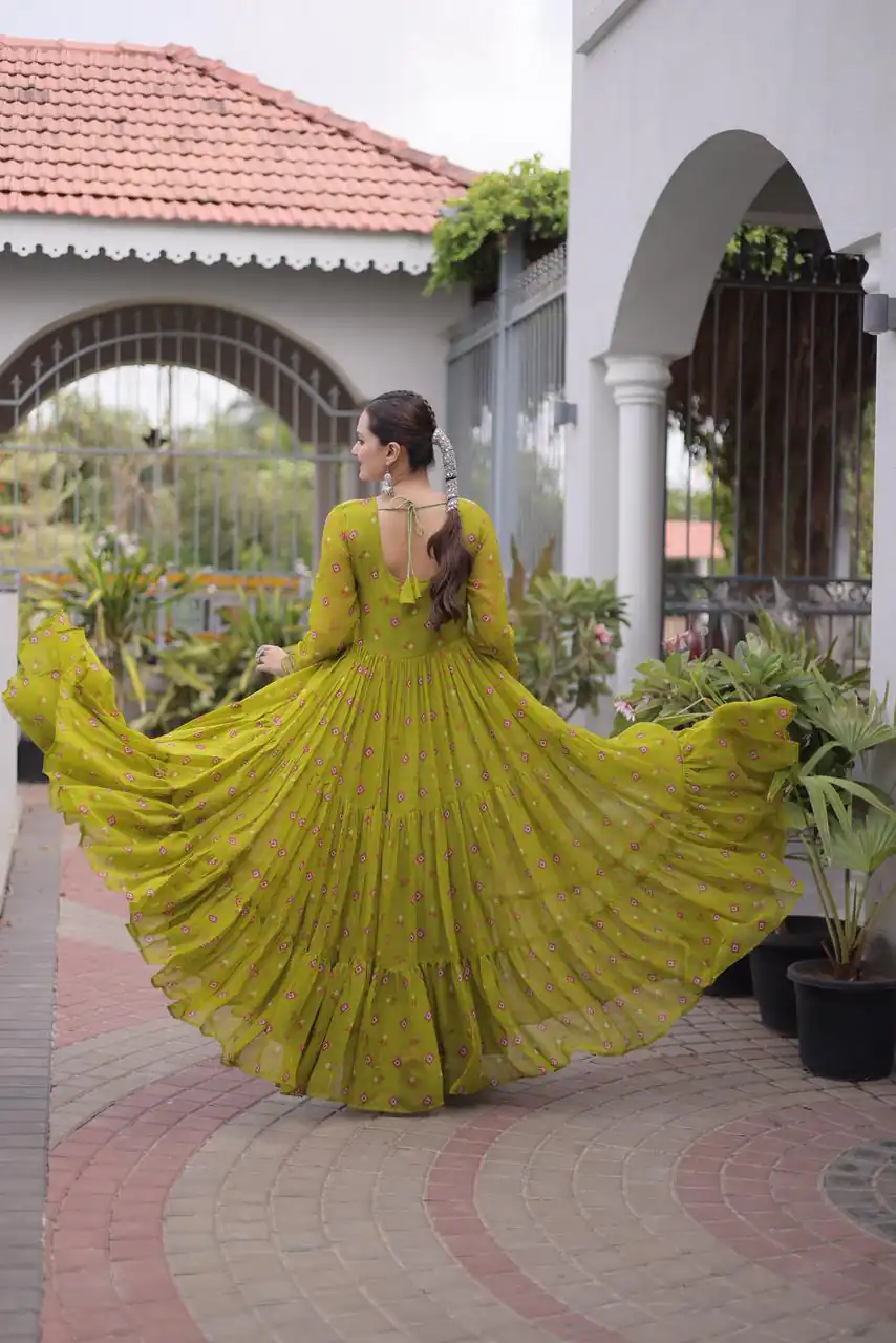 Cool Lime Yellow Faux Georgette Laheriya Print Work Gown - Image 3