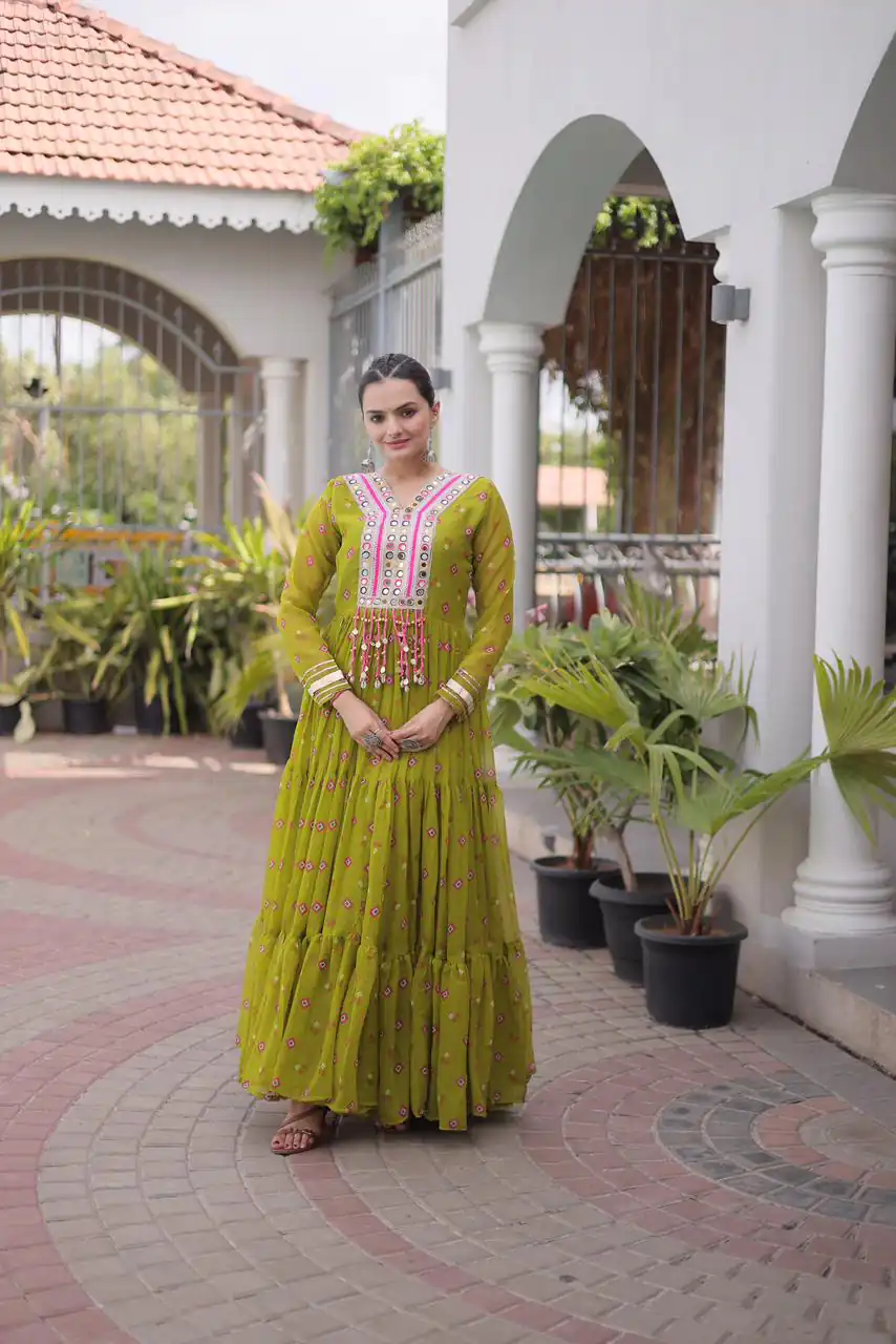 Cool Lime Yellow Faux Georgette Laheriya Print Work Gown - Image 2