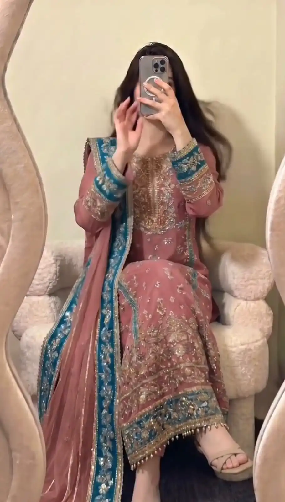 Cool Peach Fox Georgette Embroidery Work Salwar Suit - Image 8
