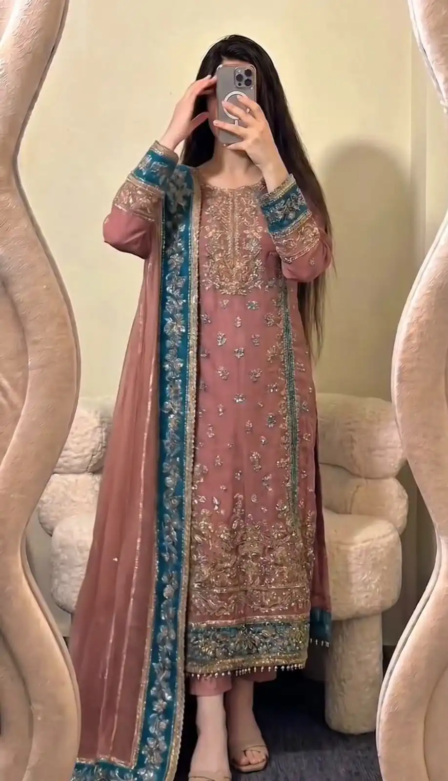Cool Peach Fox Georgette Embroidery Work Salwar Suit - Image 6