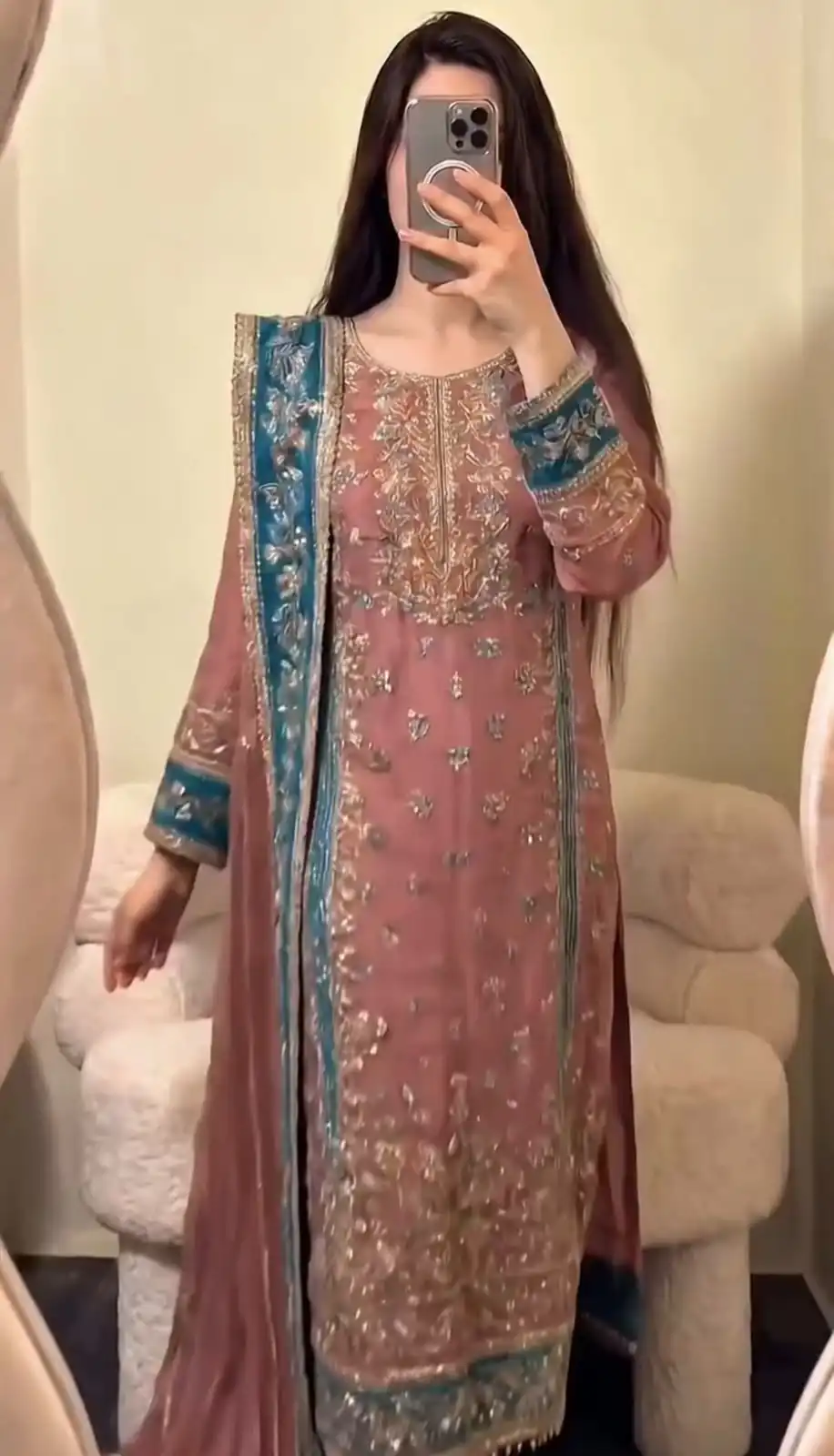Cool Peach Fox Georgette Embroidery Work Salwar Suit - Image 5