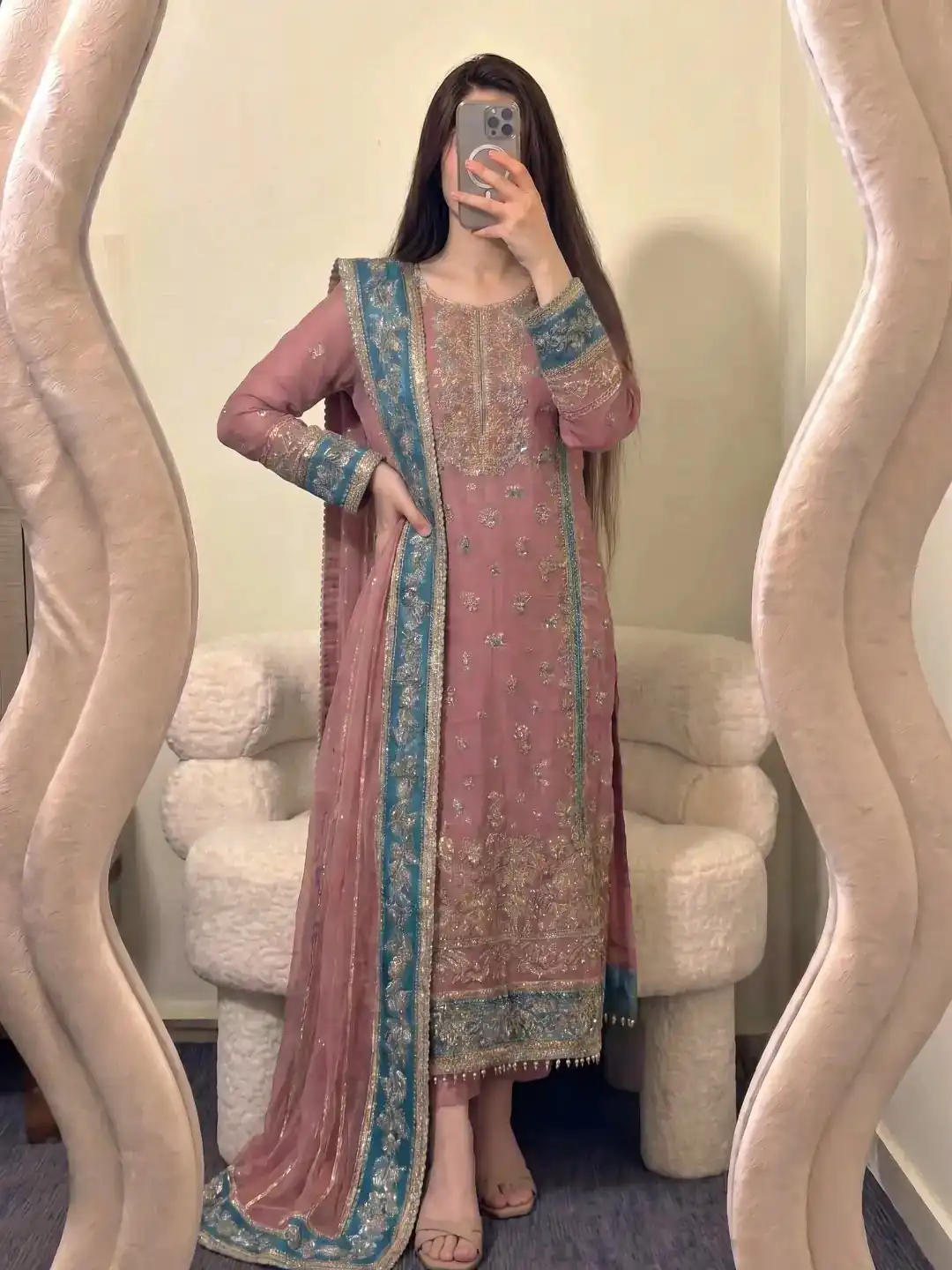 Cool Peach Fox Georgette Embroidery Work Salwar Suit - Image 4