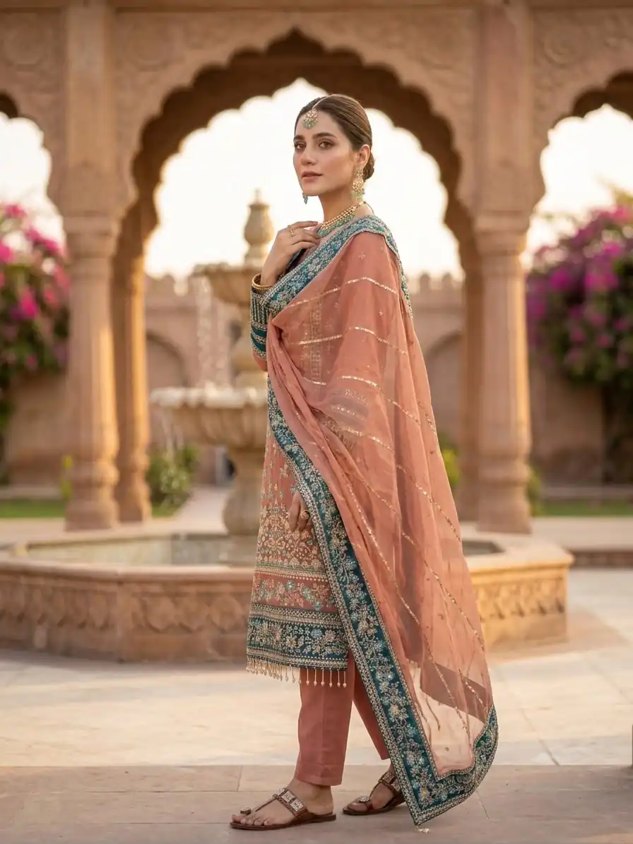 Cool Peach Fox Georgette Embroidery Work Salwar Suit - Image 3