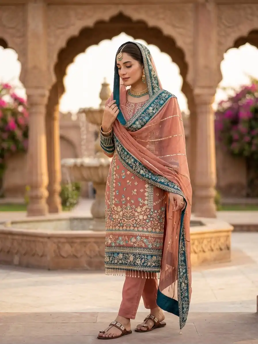 Cool Peach Fox Georgette Embroidery Work Salwar Suit - Image 2