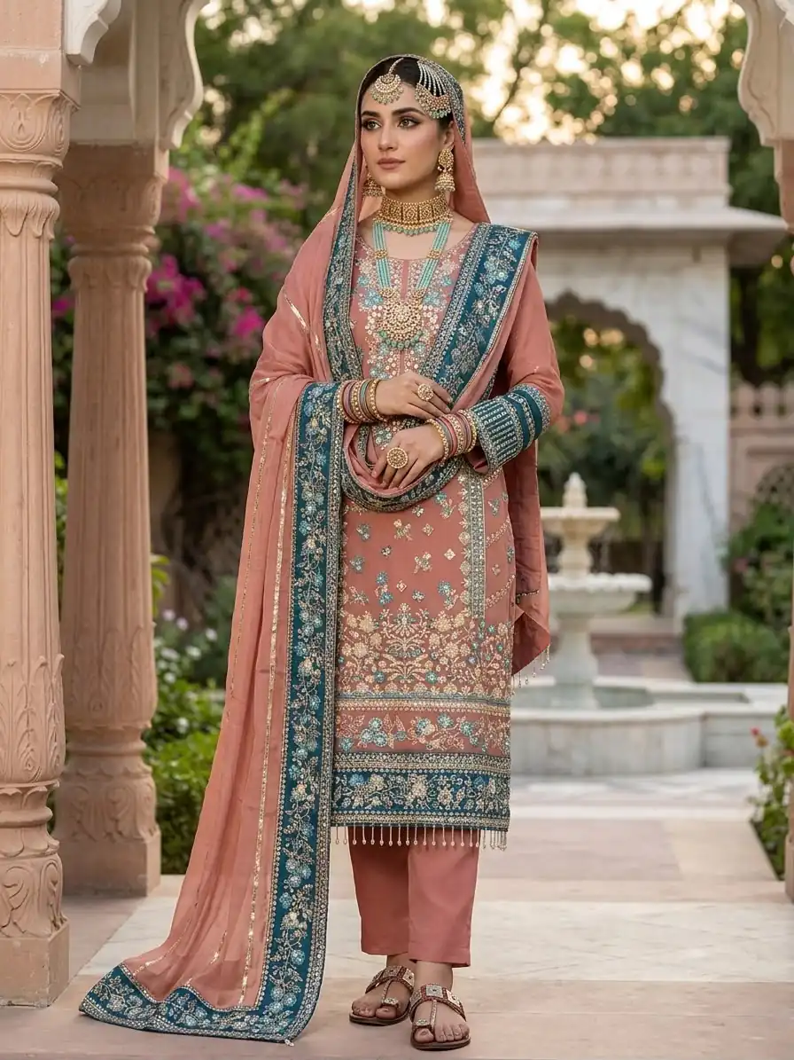 Cool Peach Fox Georgette Embroidery Work Salwar Suit