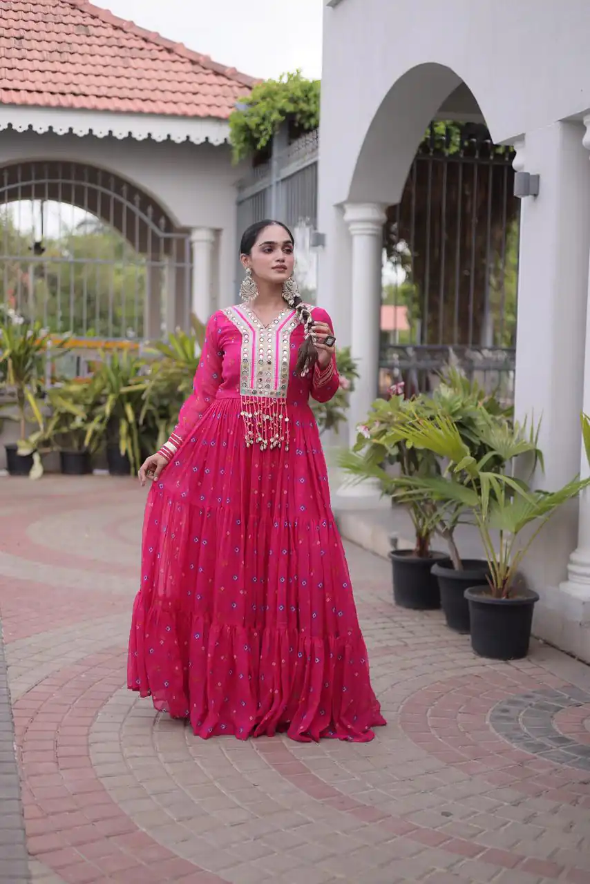 Cool Pink Faux Georgette Laheriya Print Work Gown - Image 2
