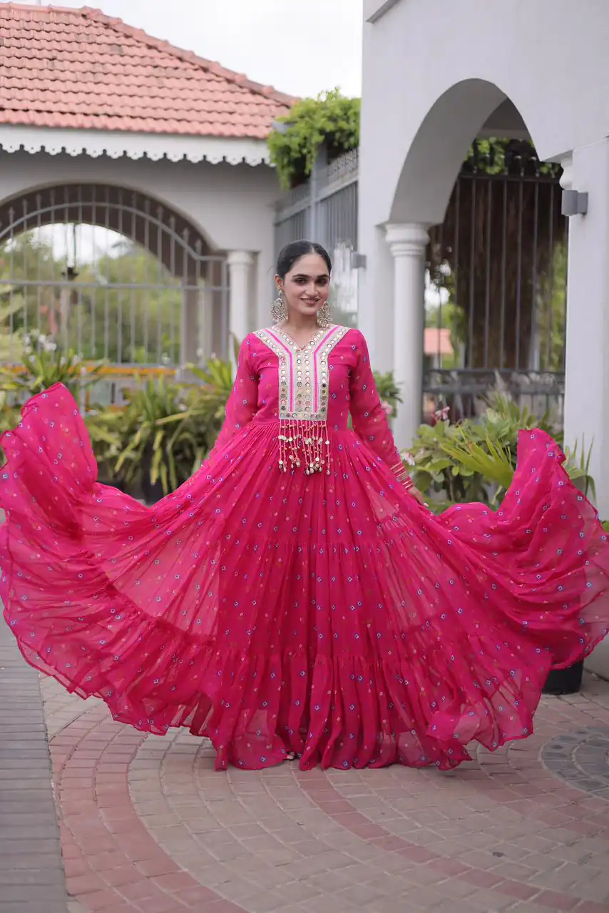 Cool Pink Faux Georgette Laheriya Print Work Gown