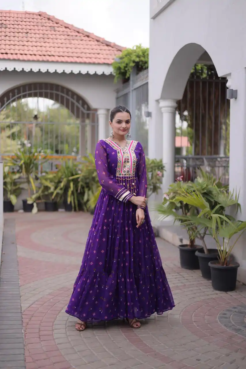 Cool Purple Faux Georgette Laheriya Print Work Gown - Image 3