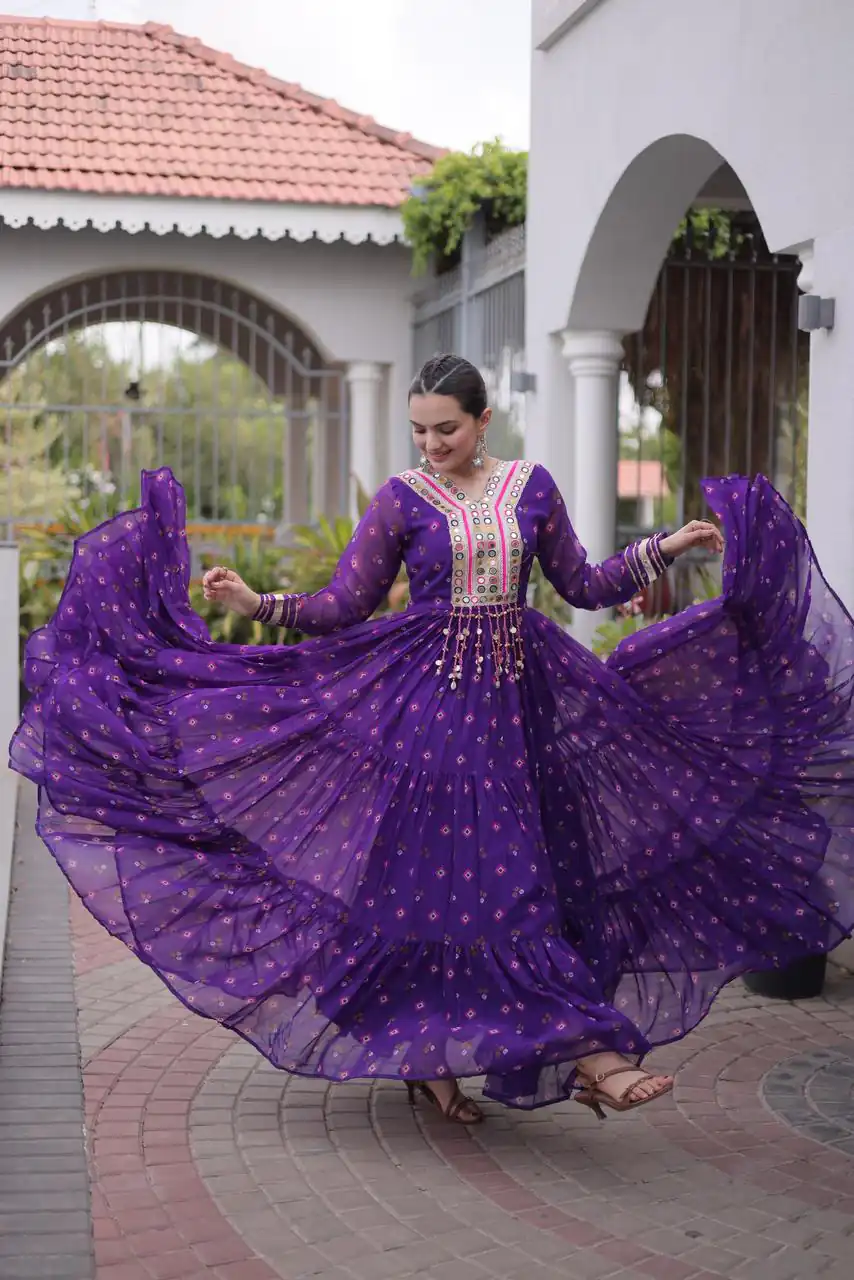 Cool Purple Faux Georgette Laheriya Print Work Gown