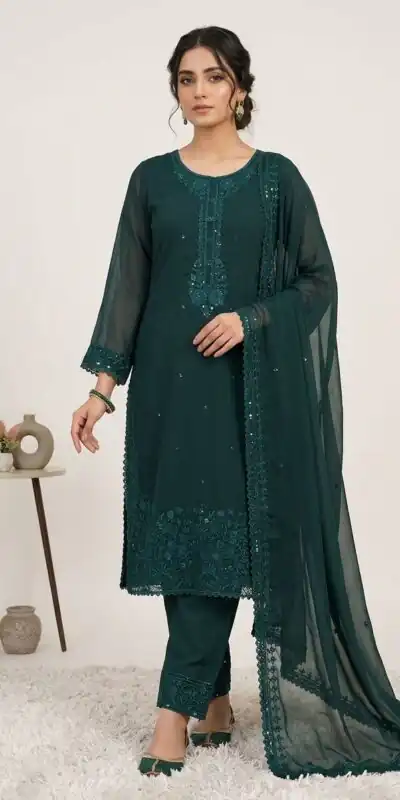 Cool Teal Faux Georgette Sequence Work Salwar Suit