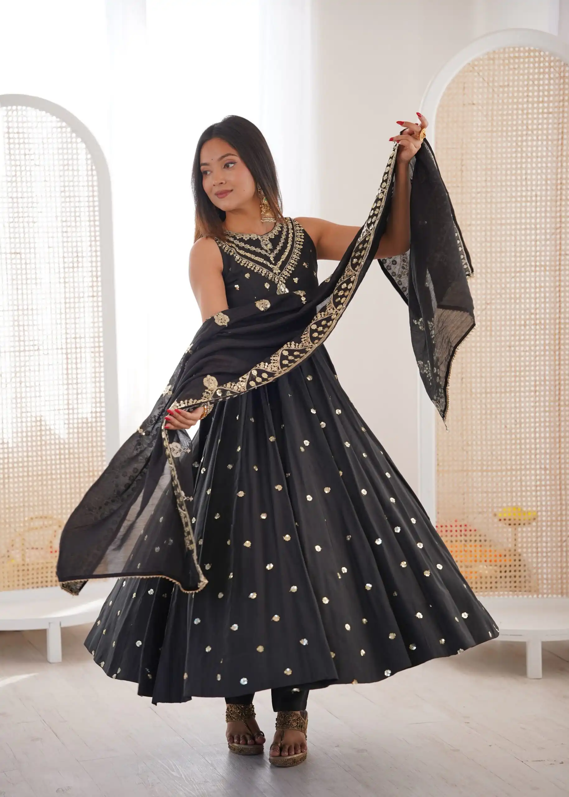 Elegant Black Roman Silk Embroidery Work Gown - Image 6