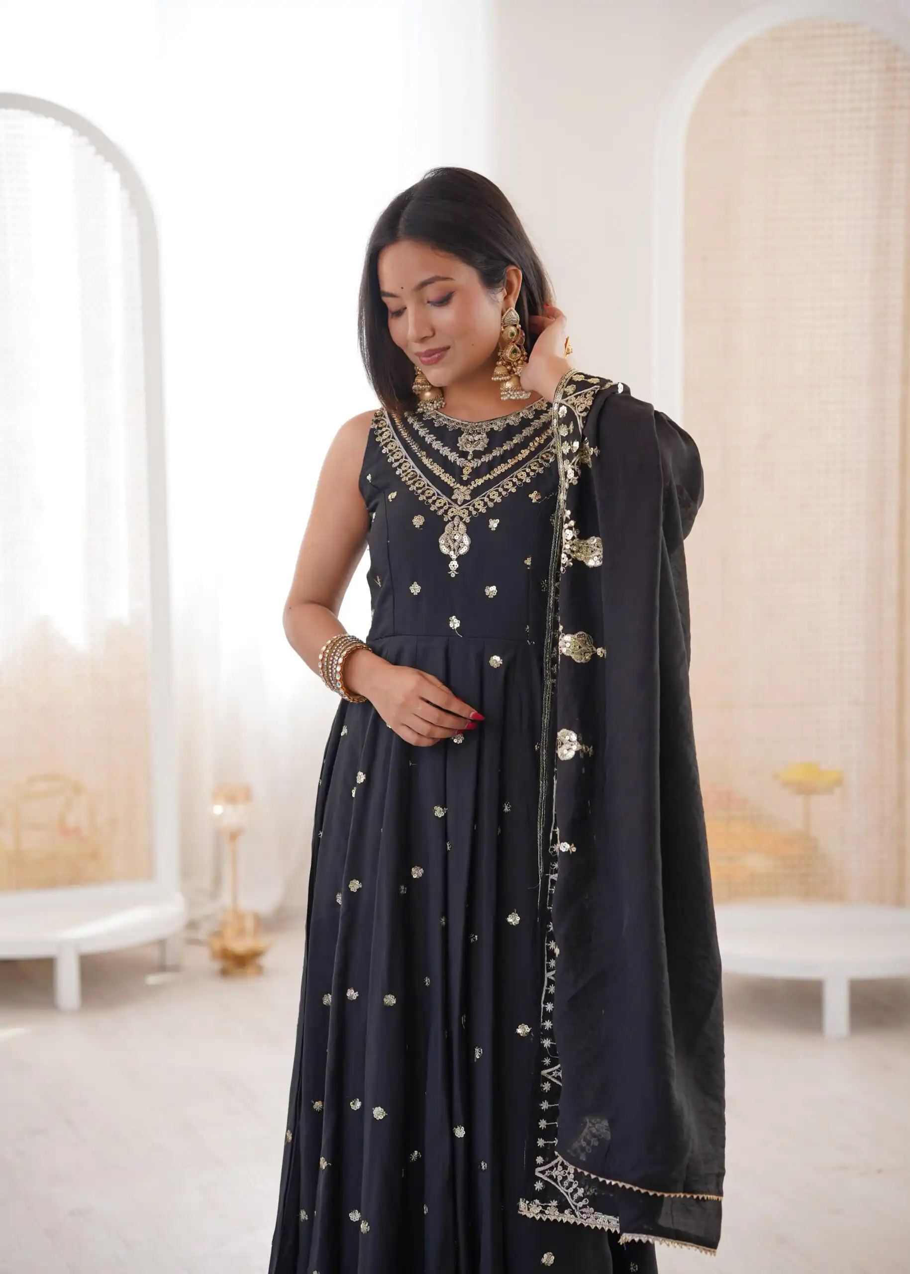Elegant Black Roman Silk Embroidery Work Gown - Image 2