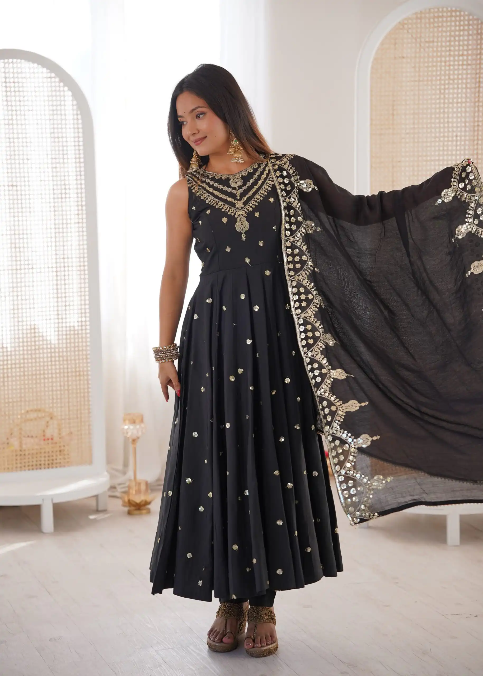 Elegant Black Roman Silk Embroidery Work Gown - Image 7