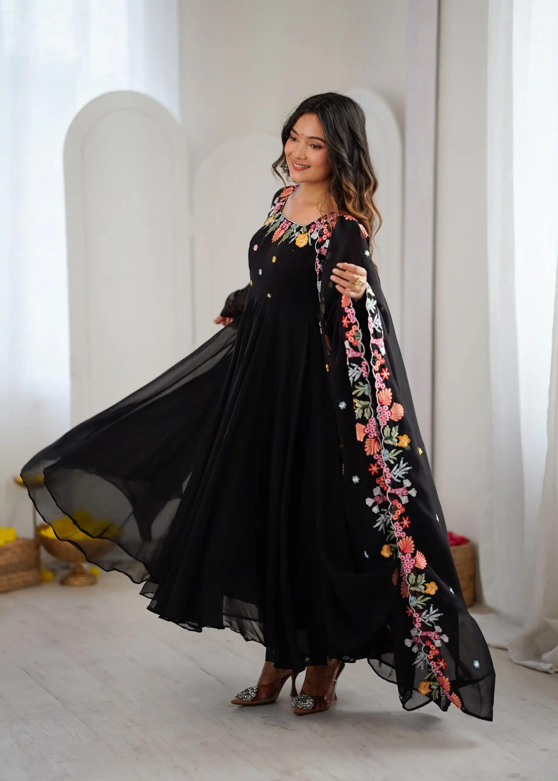Fancy Black Faux Georgette Embroidery Work Salwar Suit