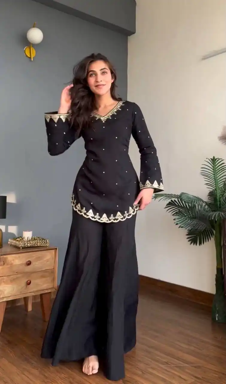Fancy Black Roman Silk Embroider Work Salwar Suit - Image 5