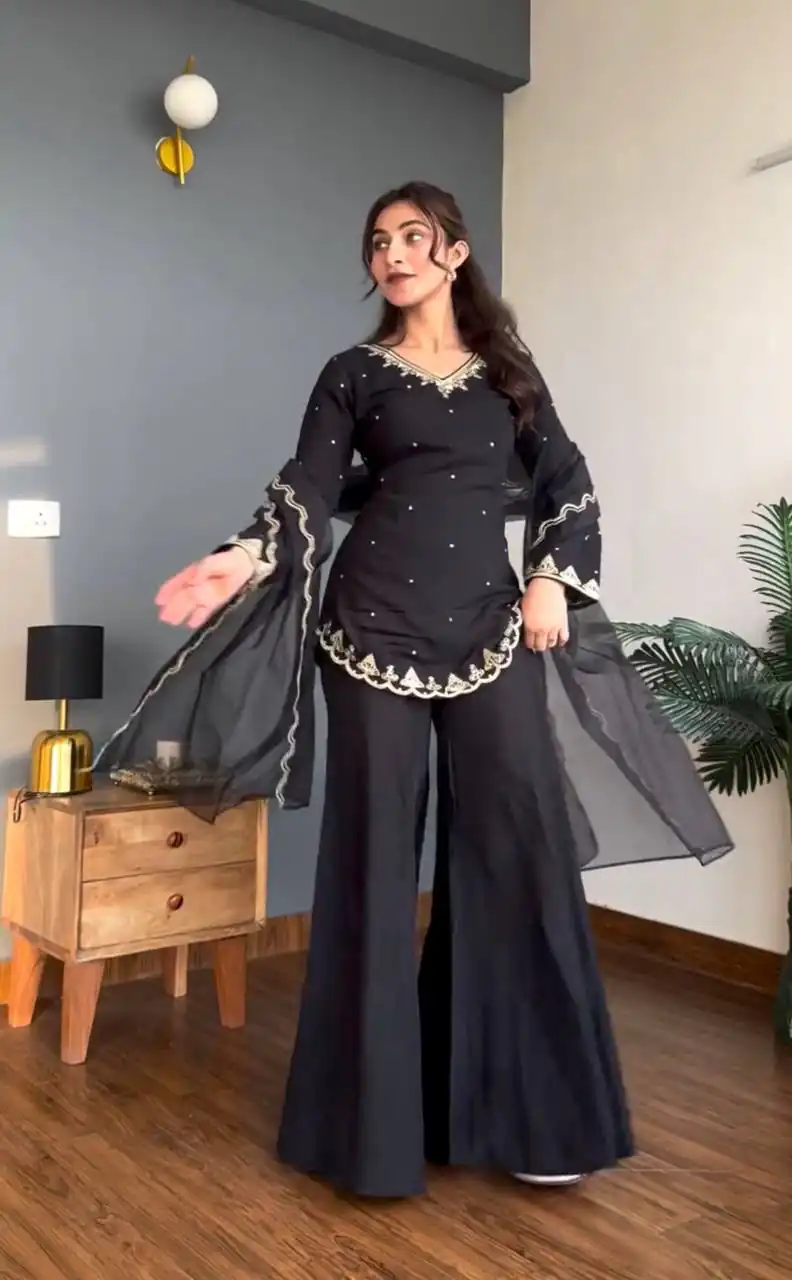 Fancy Black Roman Silk Embroider Work Salwar Suit - Image 4