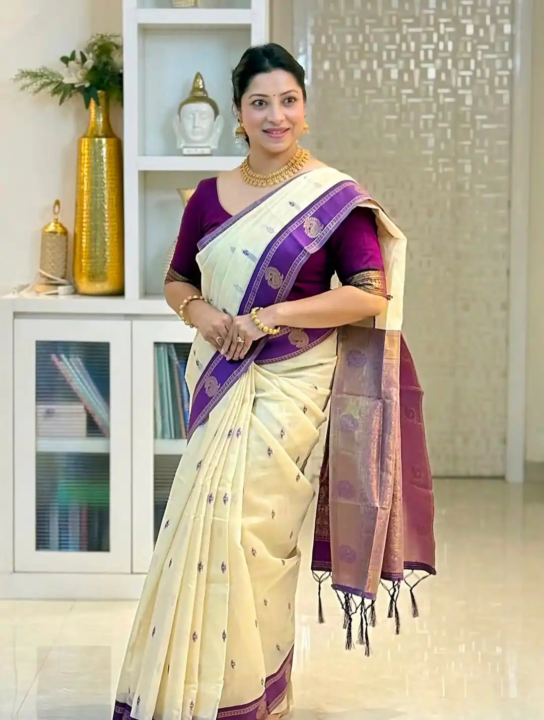 Fancy Cream Soft Lichi Silk Jacquard Work Saree