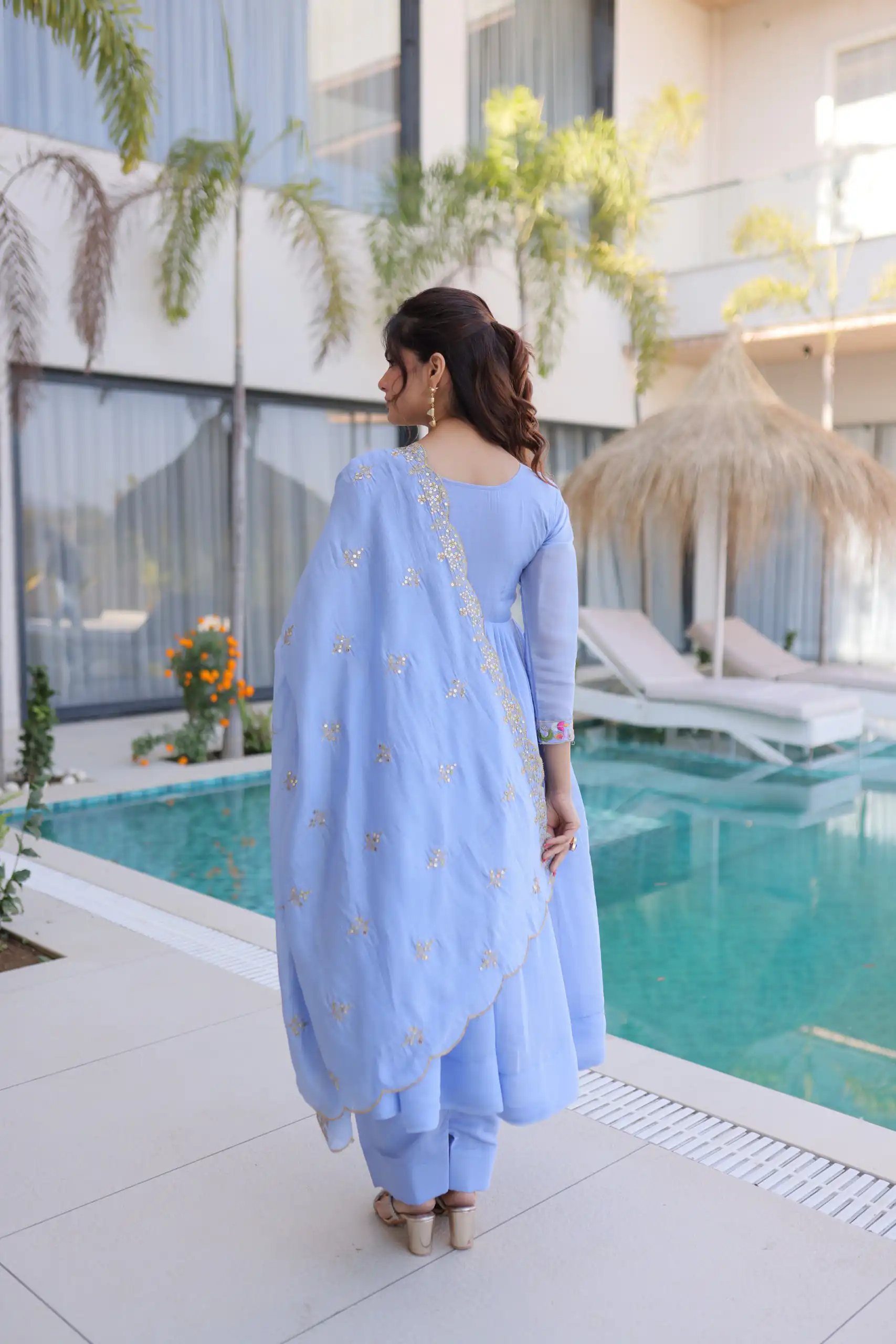 Fancy Lavender Roman Silk Embroidery Bead Work Gown - Image 5