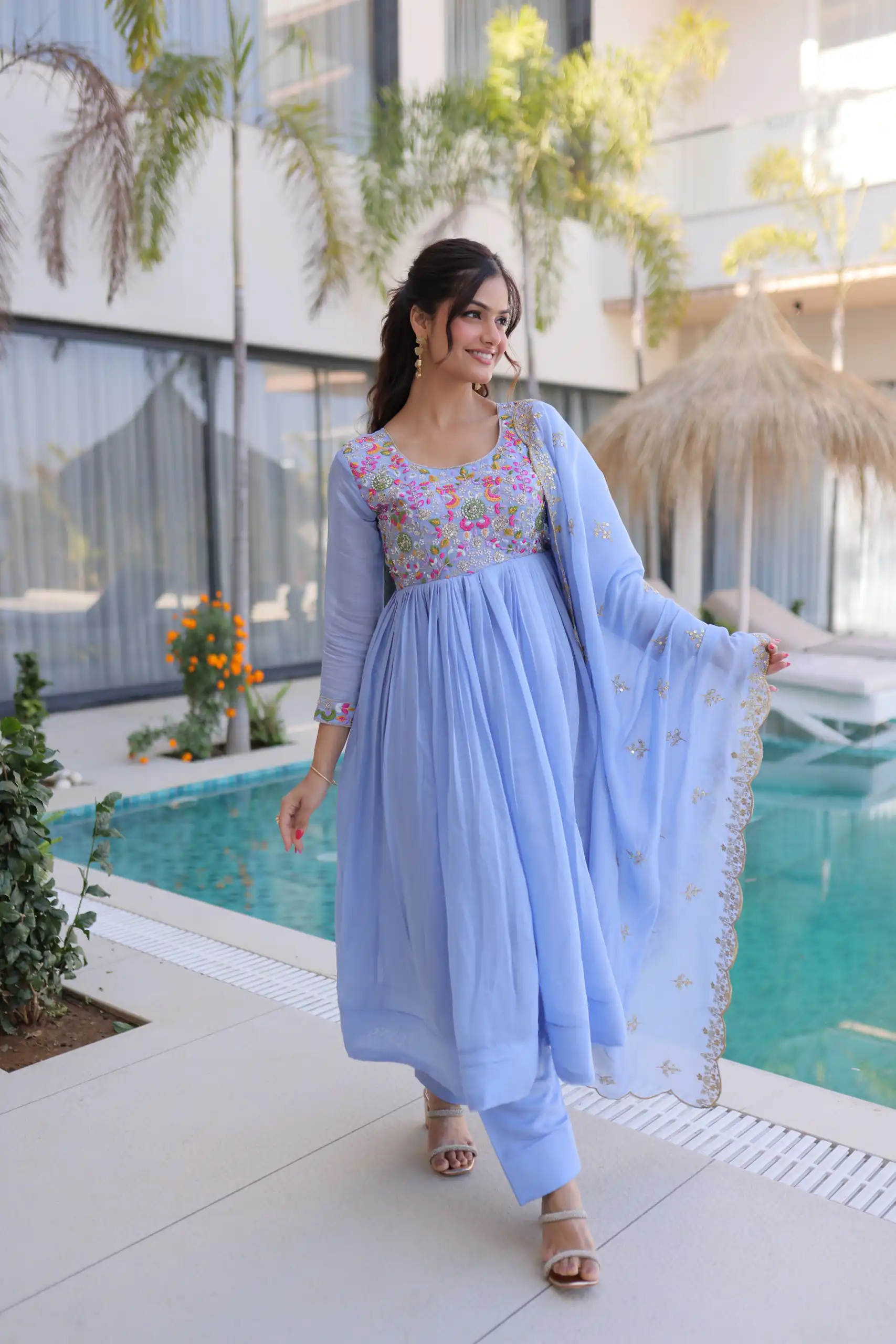 Fancy Lavender Roman Silk Embroidery Bead Work Gown - Image 3