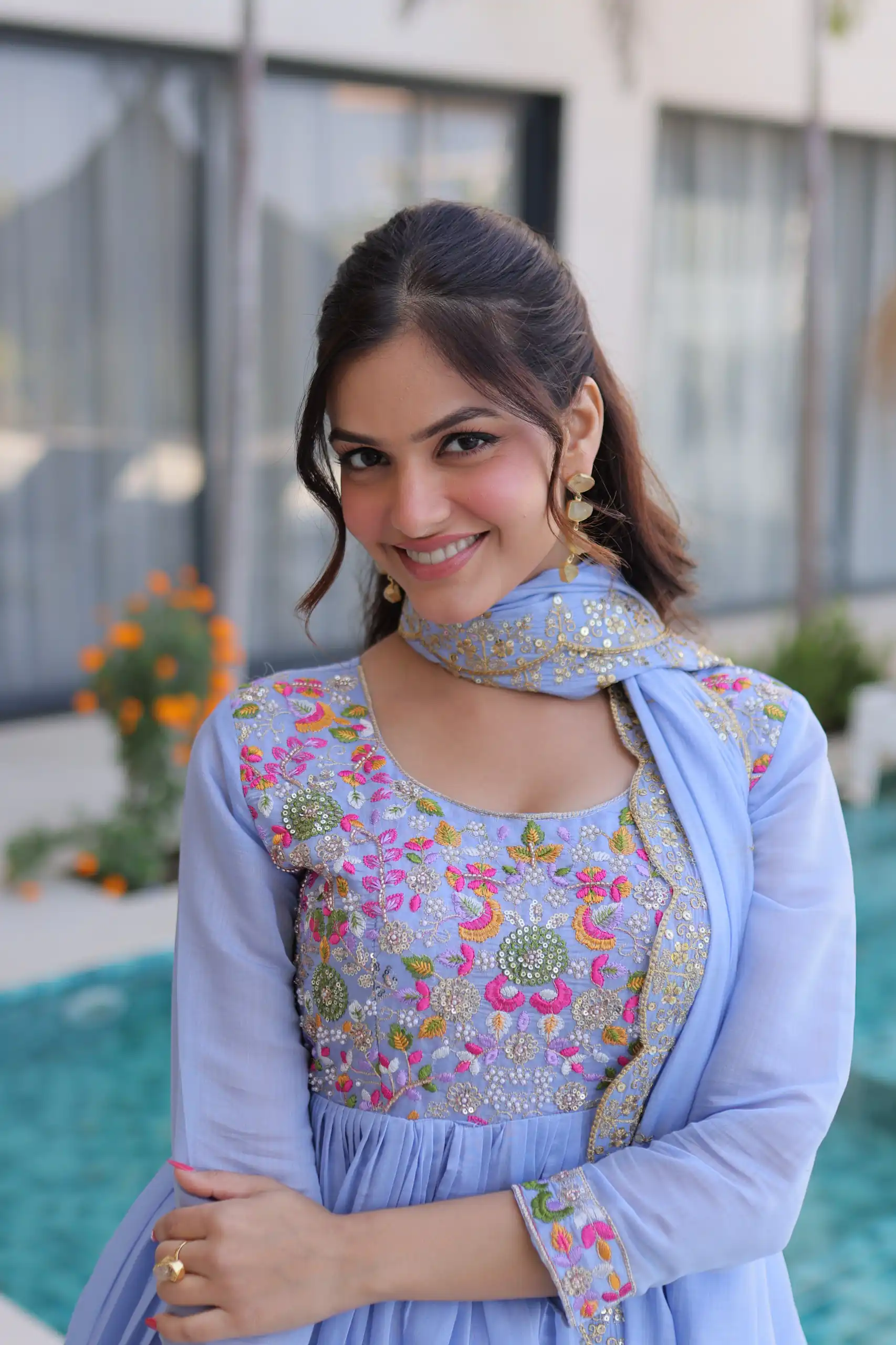 Fancy Lavender Roman Silk Embroidery Bead Work Gown - Image 2