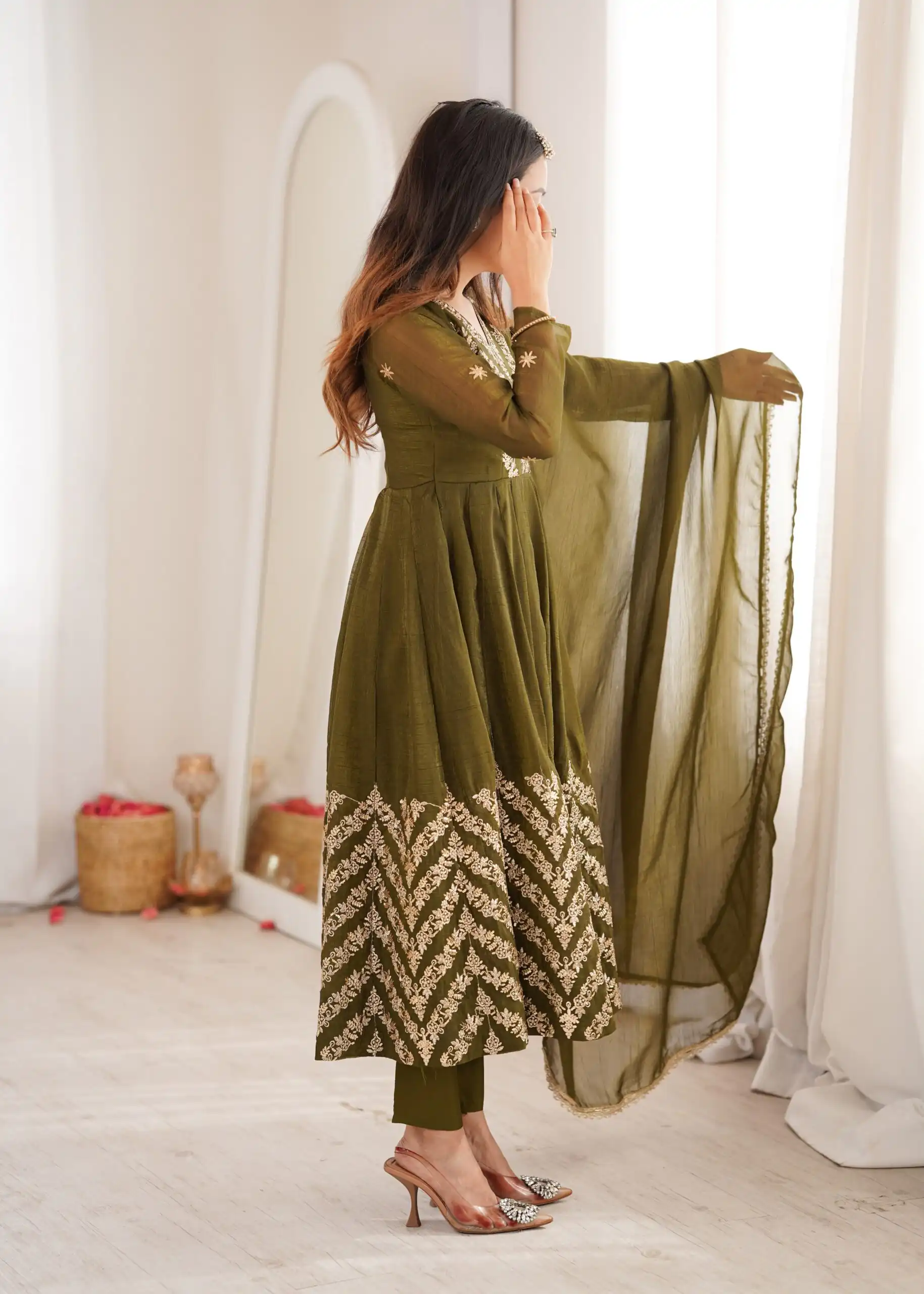 Fancy Mehandi Crunchy Silk Embroider Work Anarkali Suit - Image 9