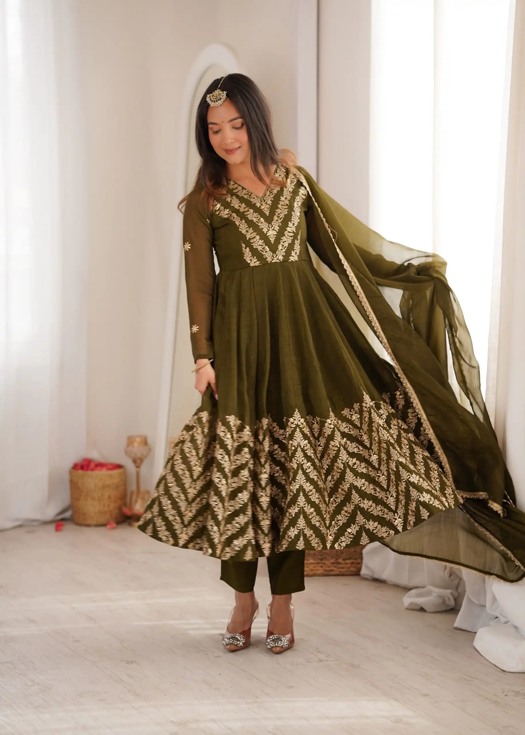 Fancy Mehandi Crunchy Silk Embroider Work Anarkali Suit - Image 5