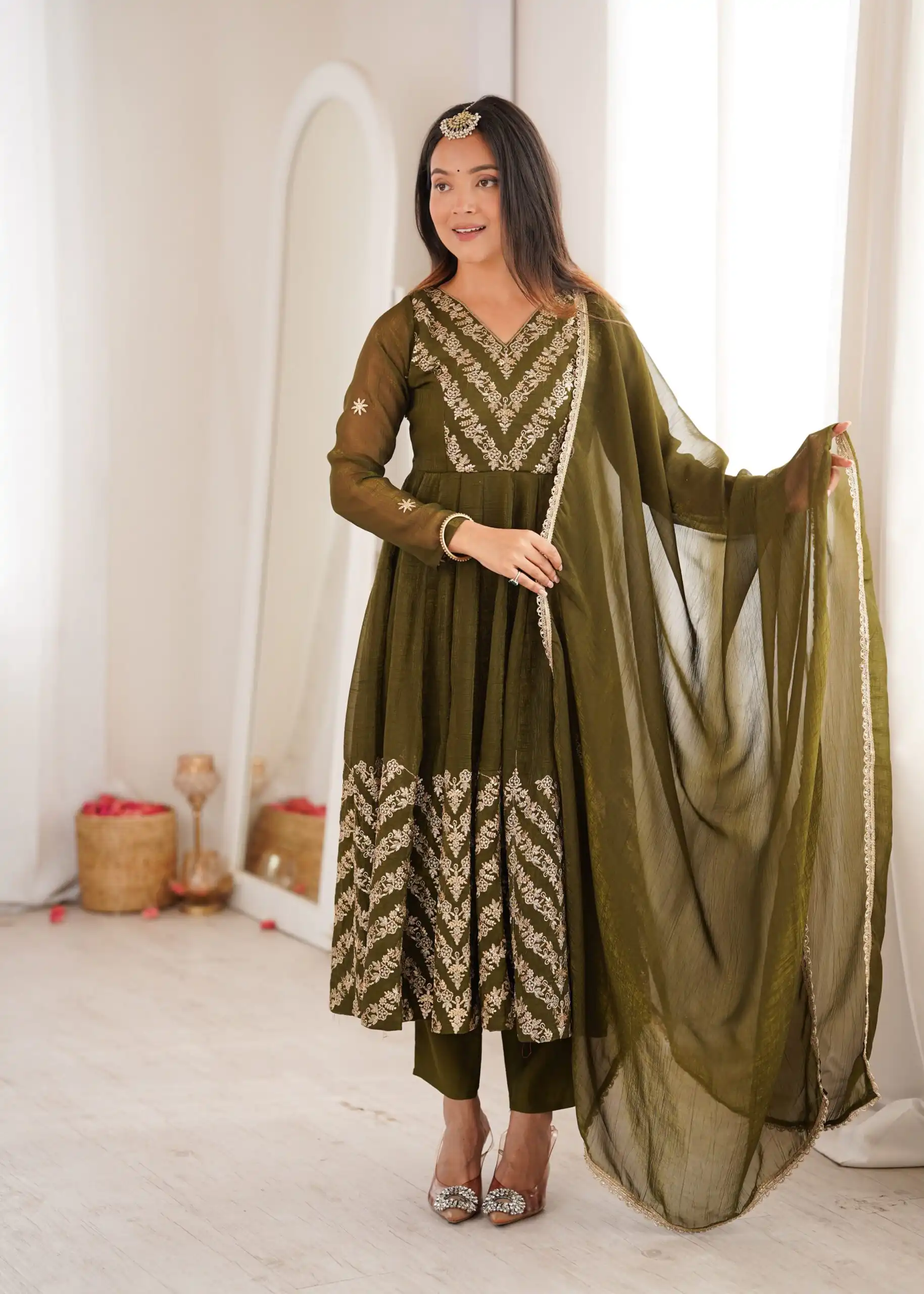 Fancy Mehandi Crunchy Silk Embroider Work Anarkali Suit