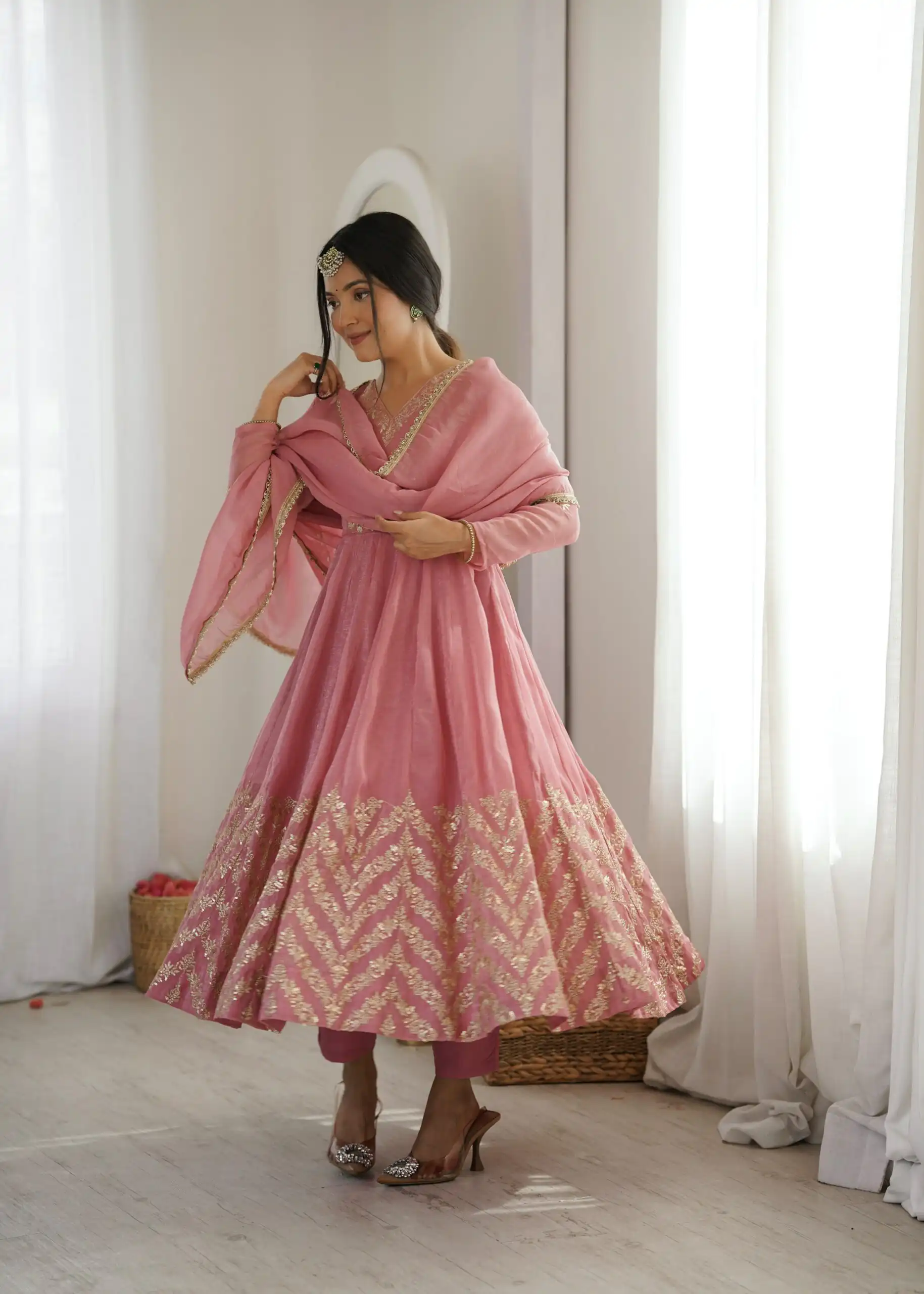 Fancy Peach Crunchy Silk Embroider Work Anarkali Suit - Image 7