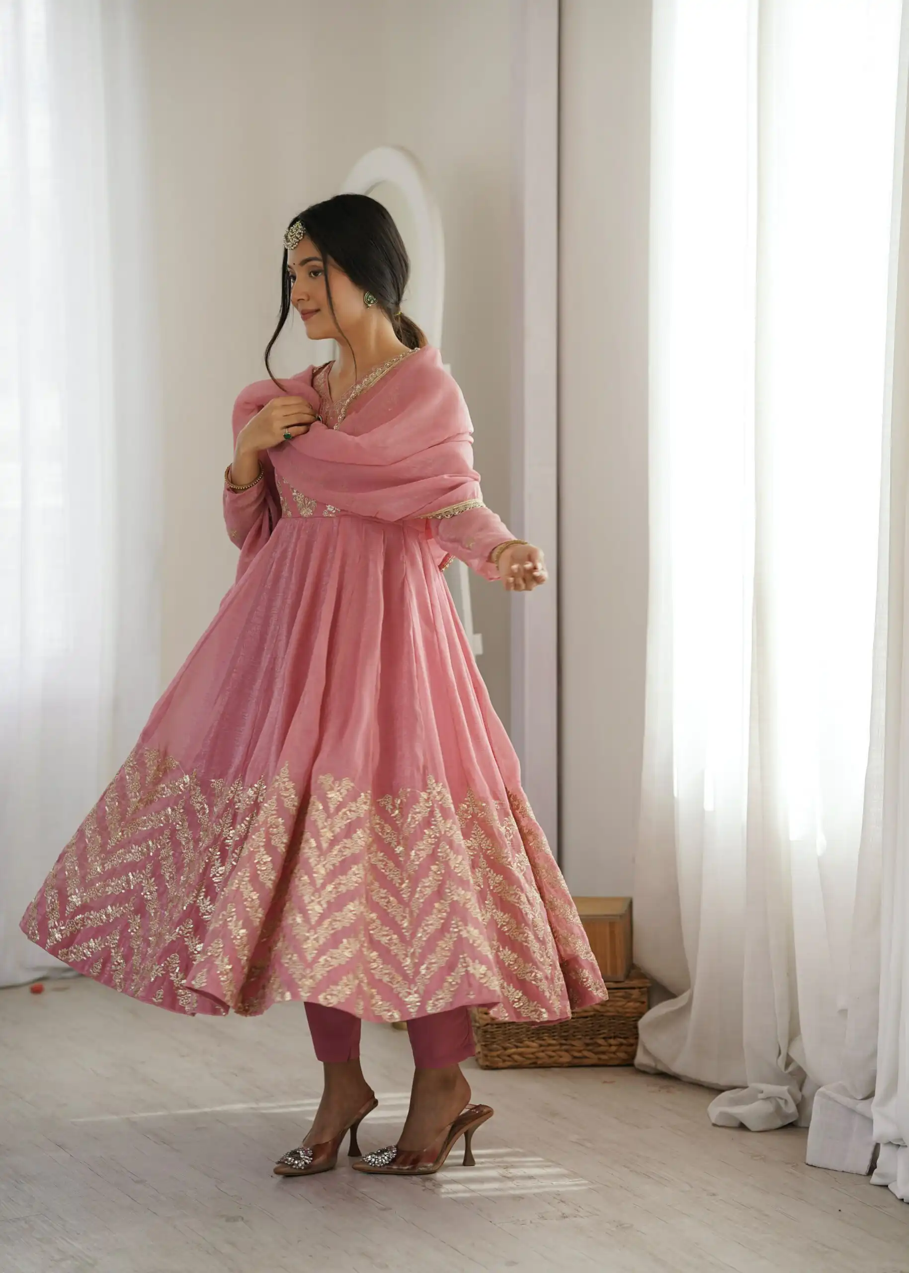 Fancy Peach Crunchy Silk Embroider Work Anarkali Suit - Image 6