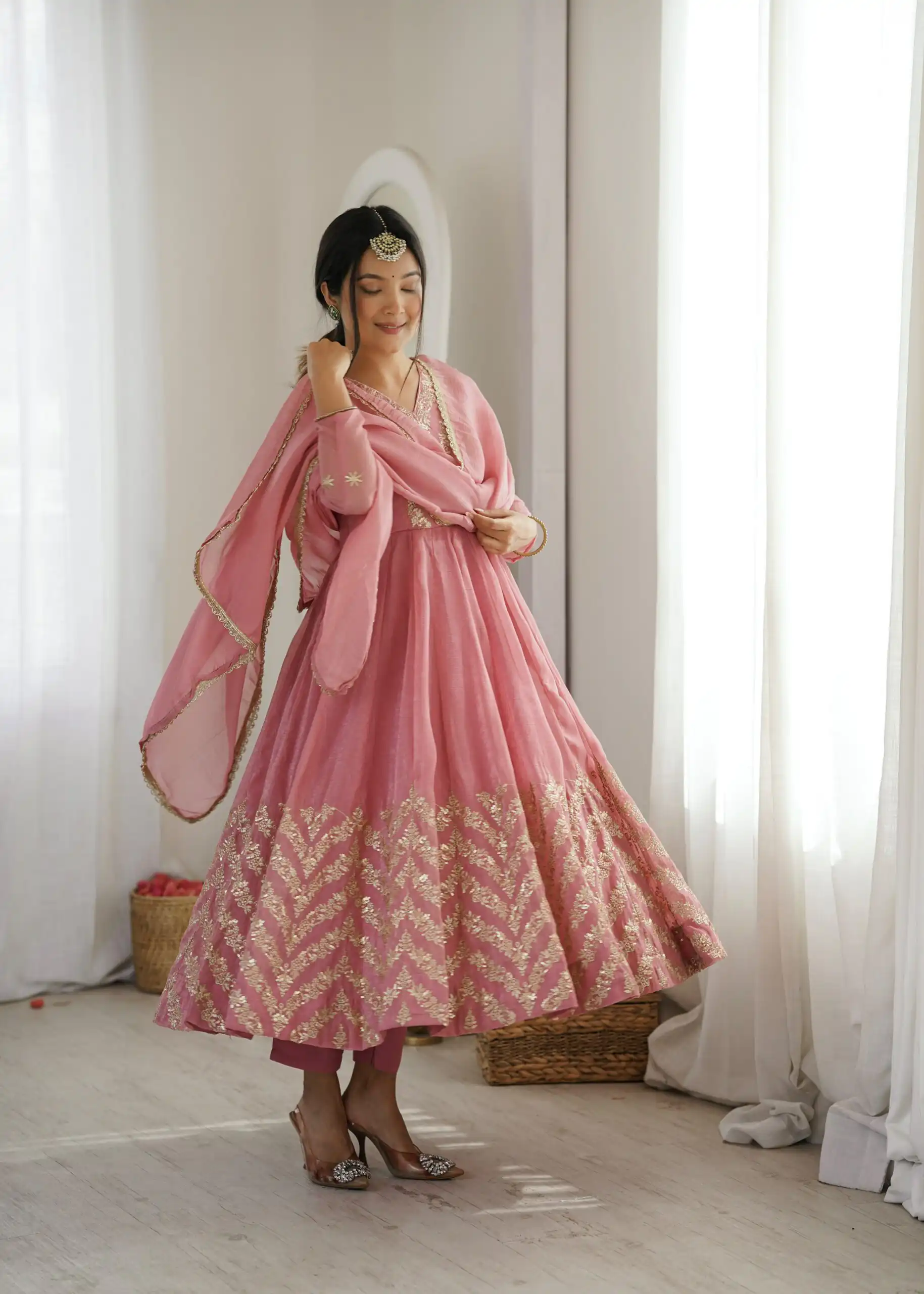 Fancy Peach Crunchy Silk Embroider Work Anarkali Suit - Image 5