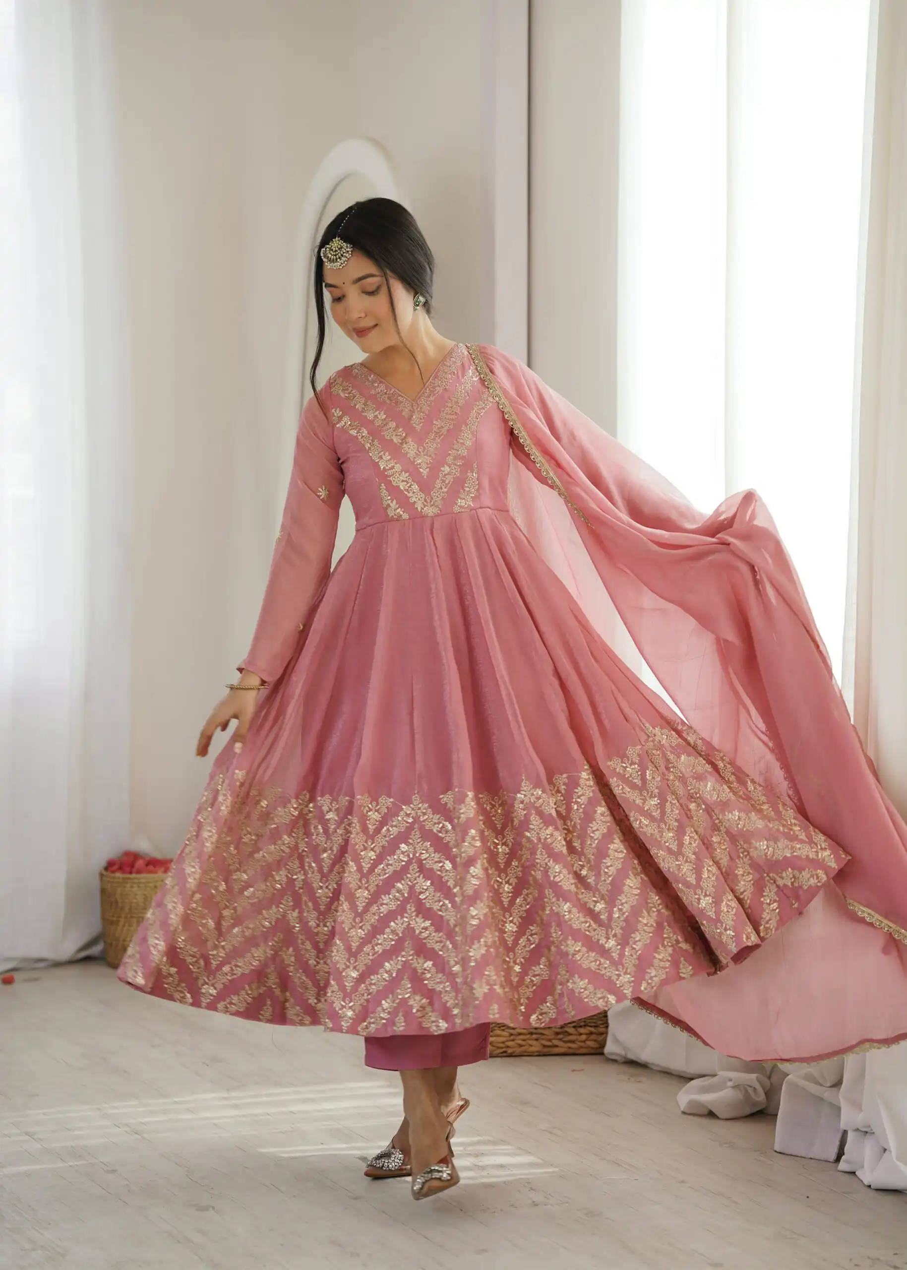Fancy Peach Crunchy Silk Embroider Work Anarkali Suit - Image 4
