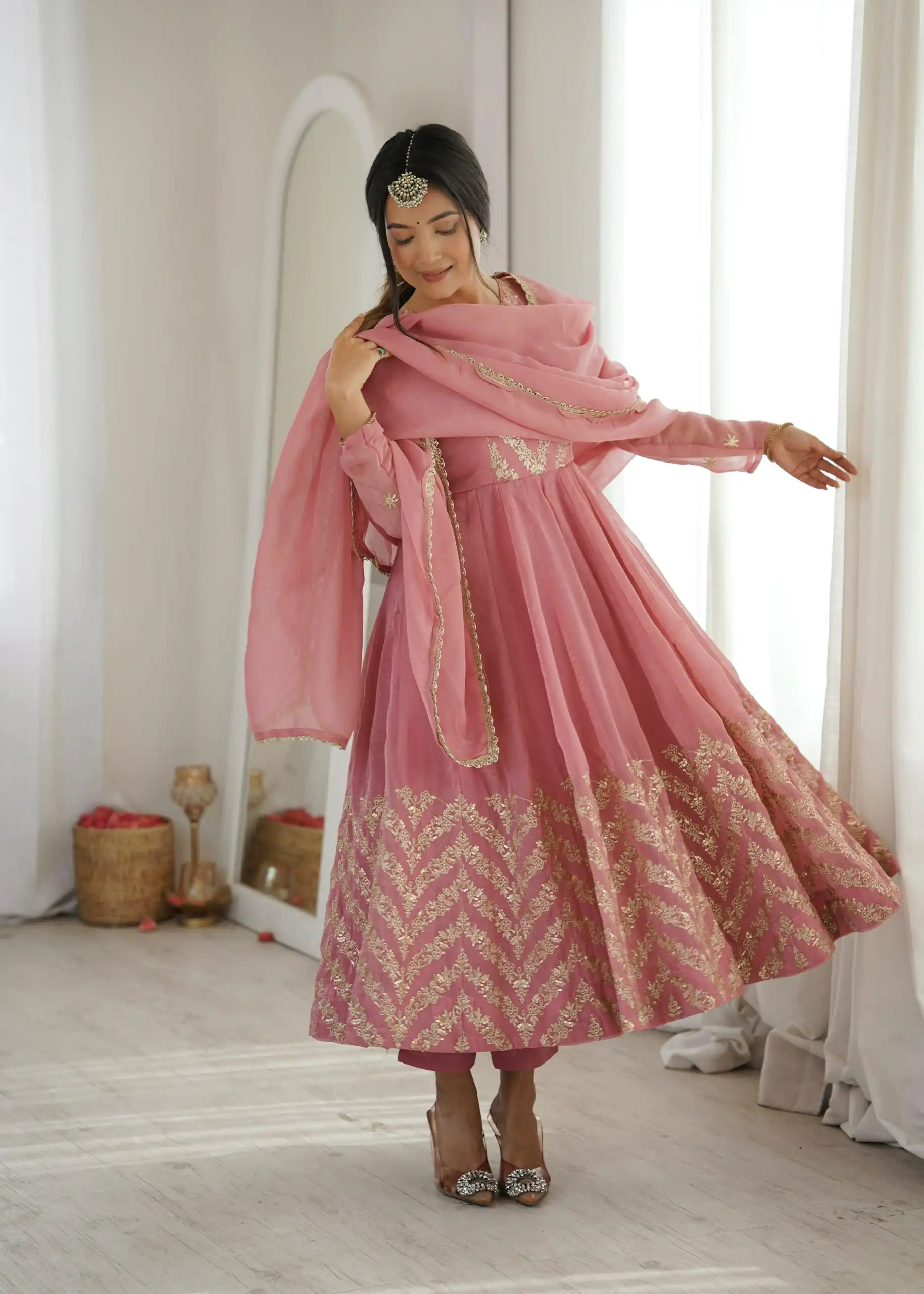 Fancy Peach Crunchy Silk Embroider Work Anarkali Suit - Image 3