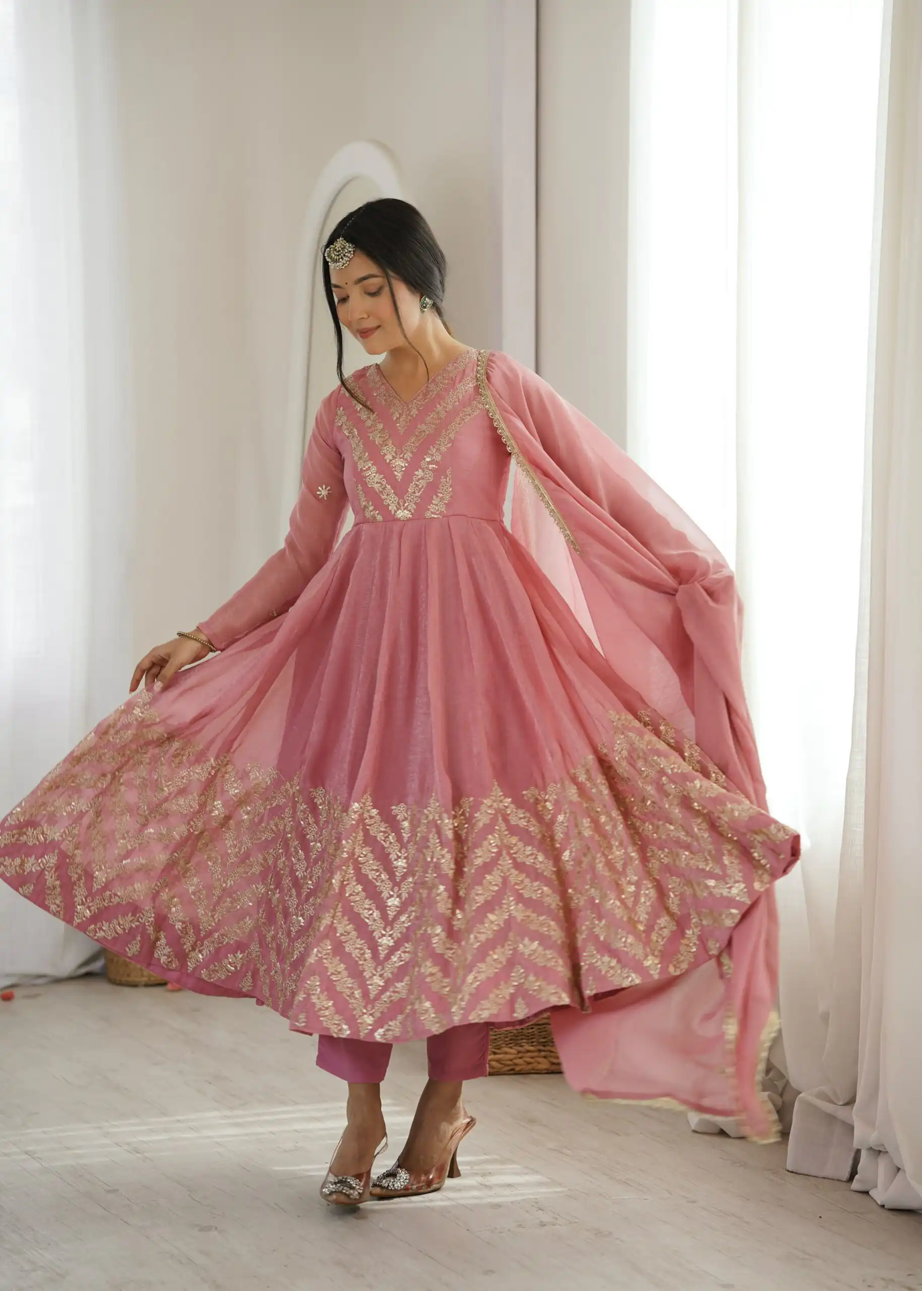 Fancy Peach Crunchy Silk Embroider Work Anarkali Suit - Image 2