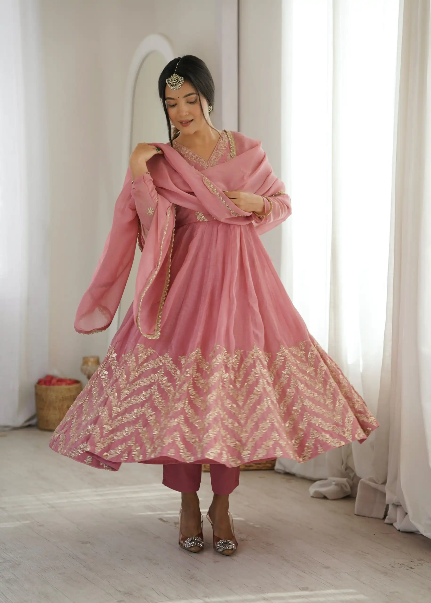 Fancy Peach Crunchy Silk Embroider Work Anarkali Suit
