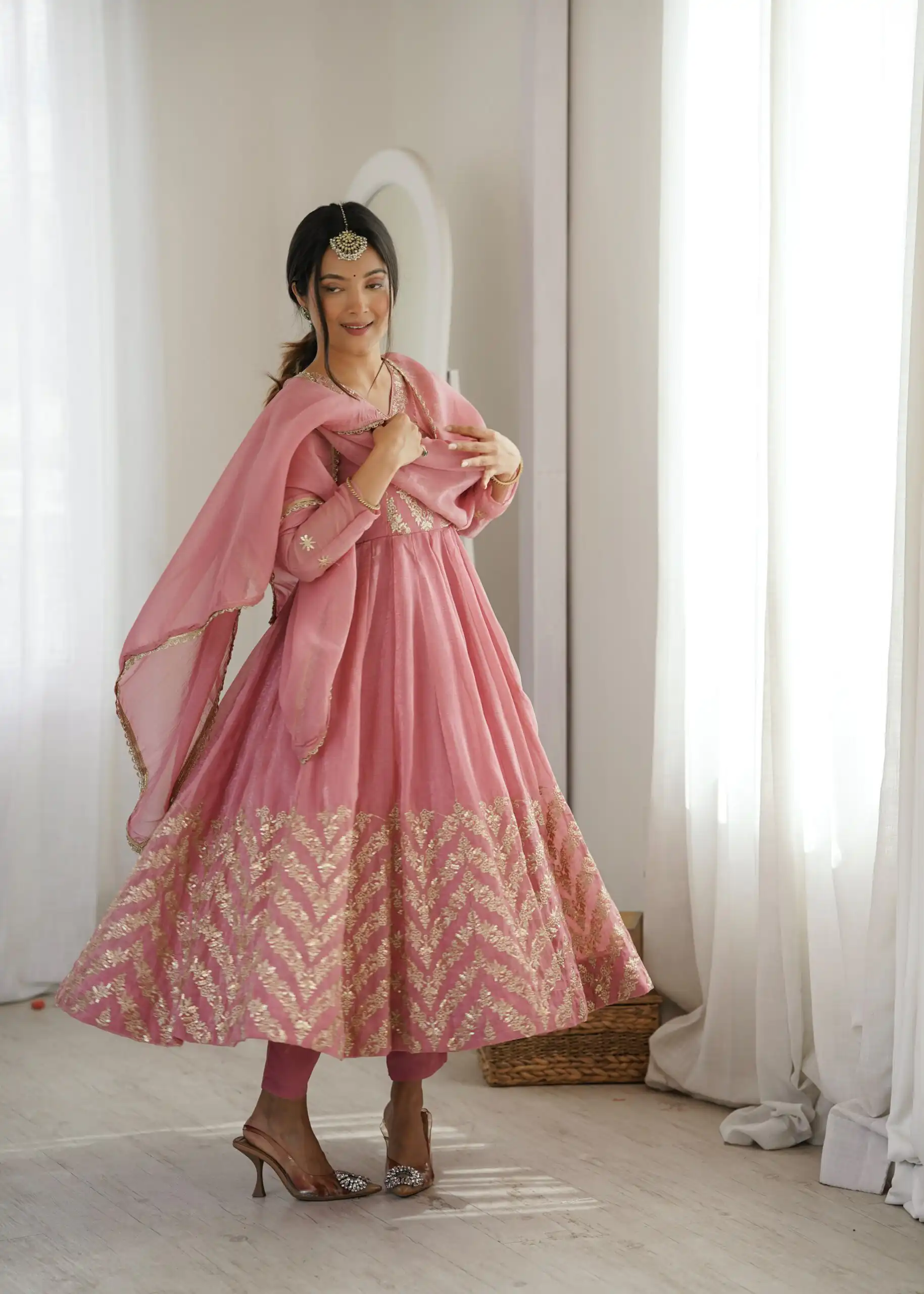 Fancy Peach Crunchy Silk Embroider Work Anarkali Suit - Image 9