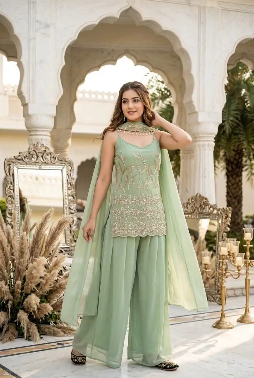 Fancy Pista Faux Georgette Embroider Work Salwar Suit