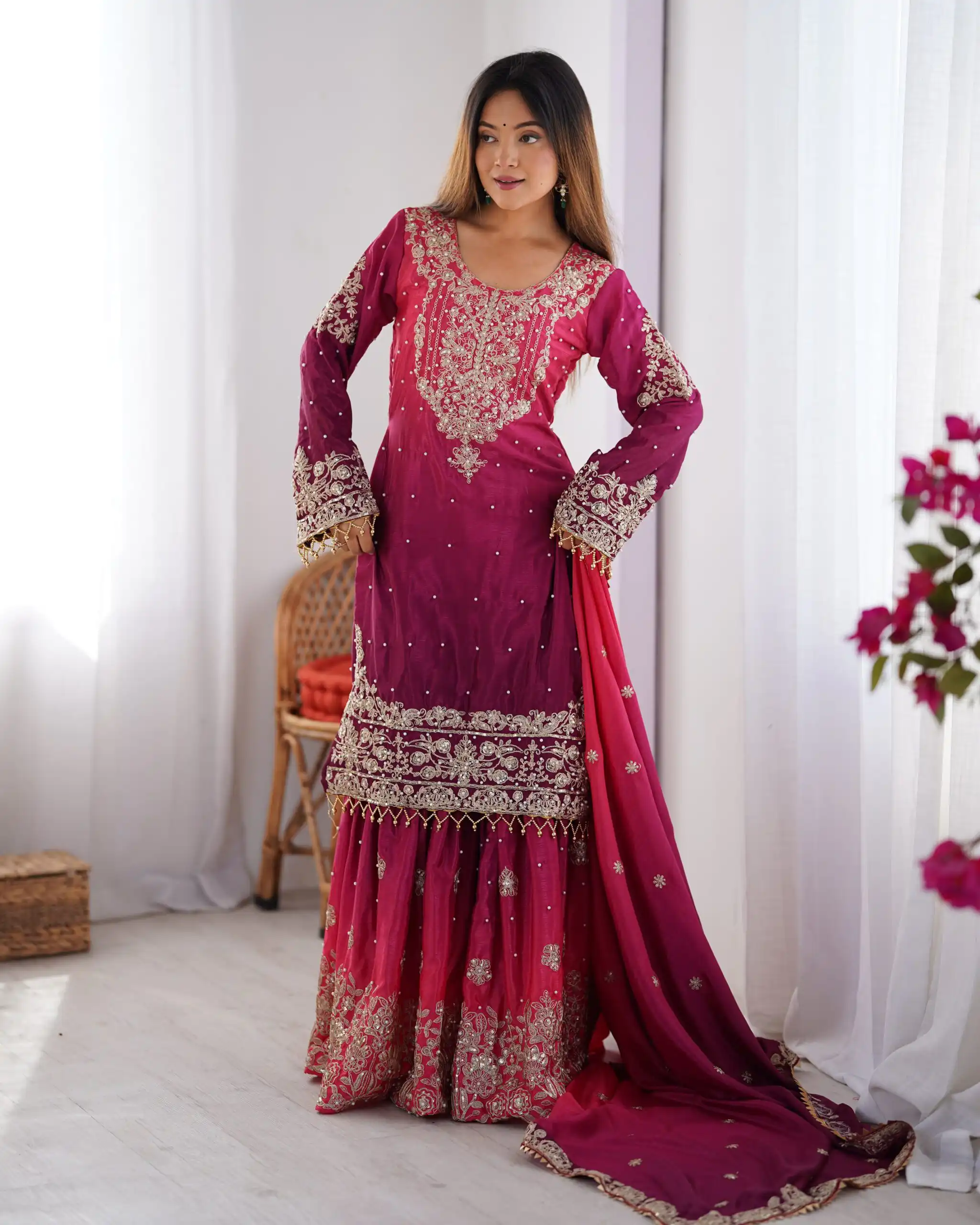 Fancy Red Chinon Silk Sequence Work Salwar Suit - Image 5