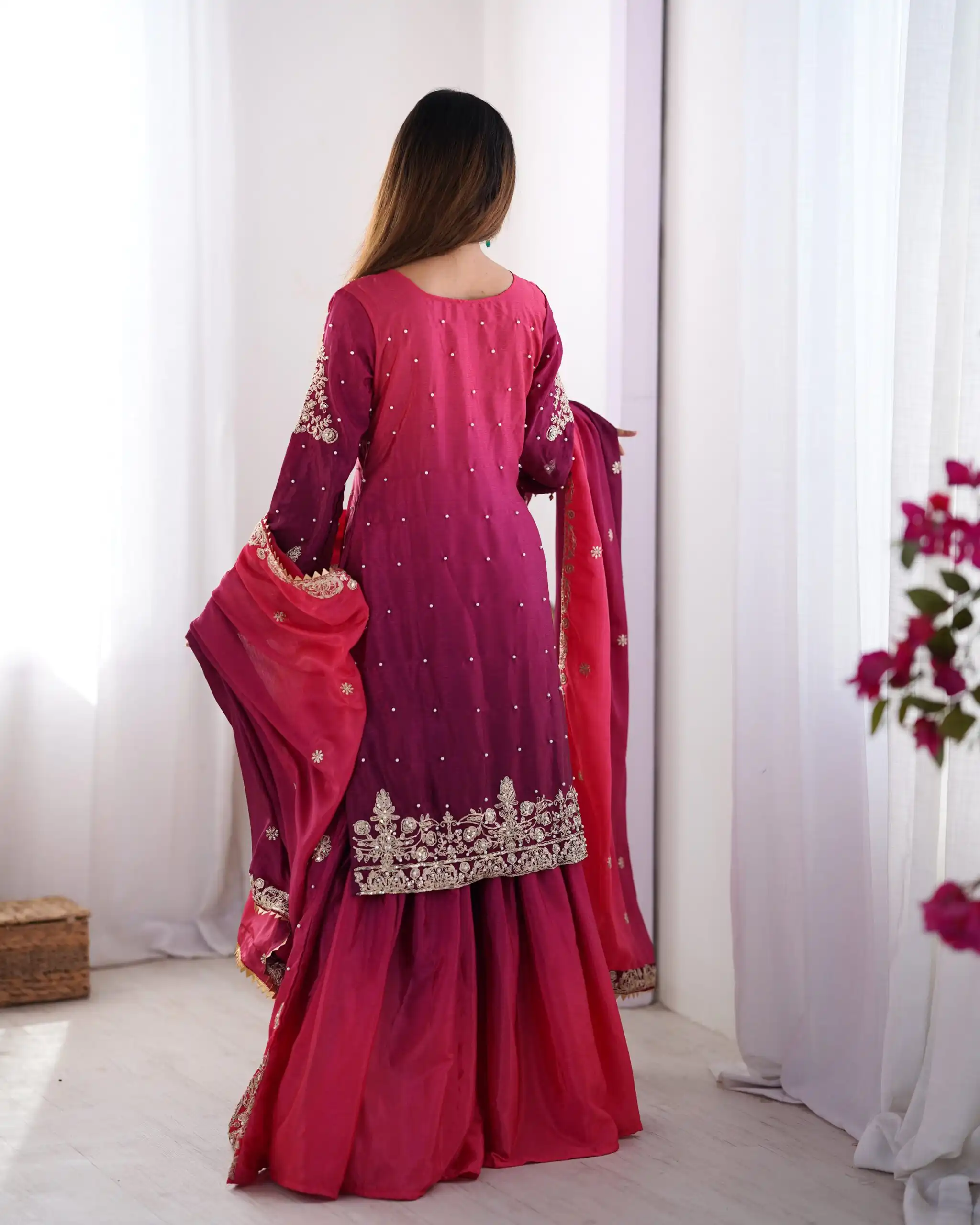 Fancy Red Chinon Silk Sequence Work Salwar Suit - Image 4