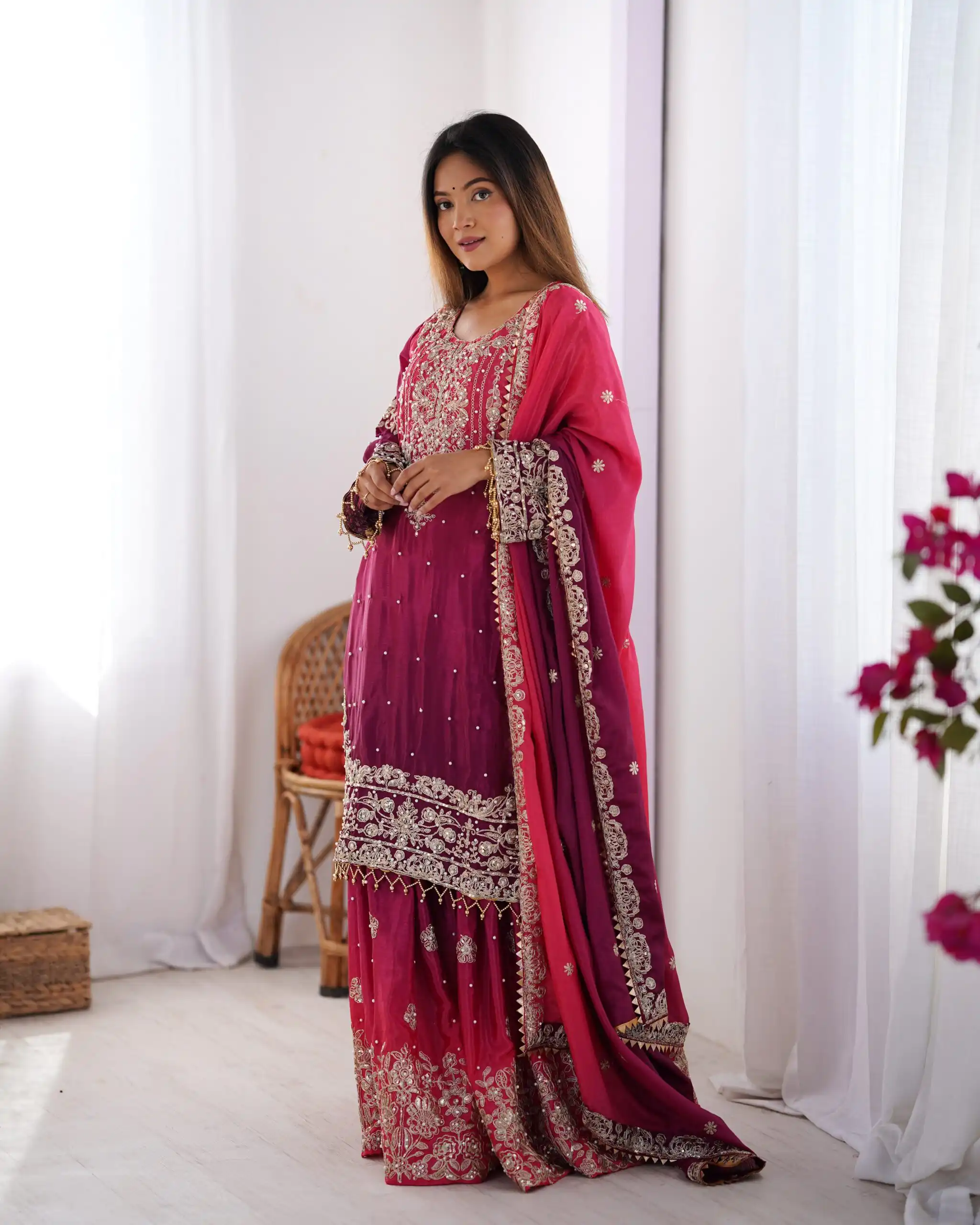 Fancy Red Chinon Silk Sequence Work Salwar Suit - Image 2