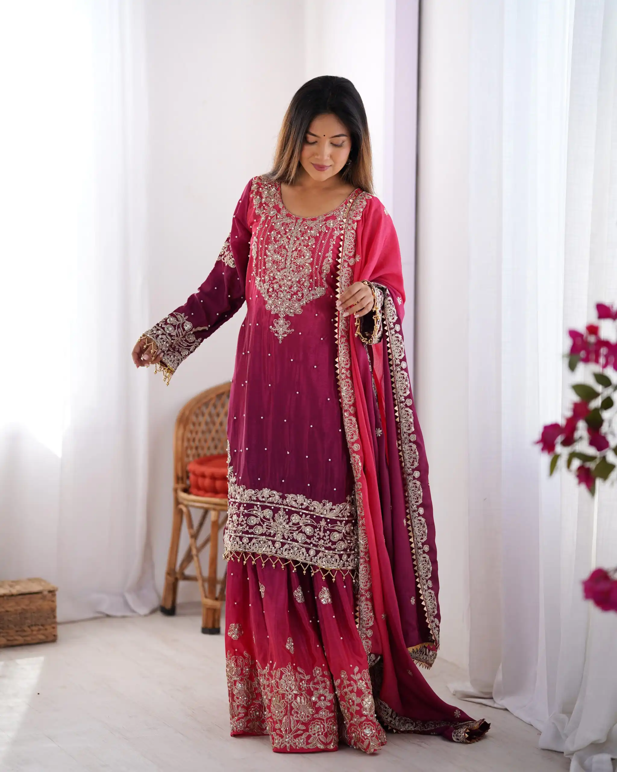Fancy Red Chinon Silk Sequence Work Salwar Suit