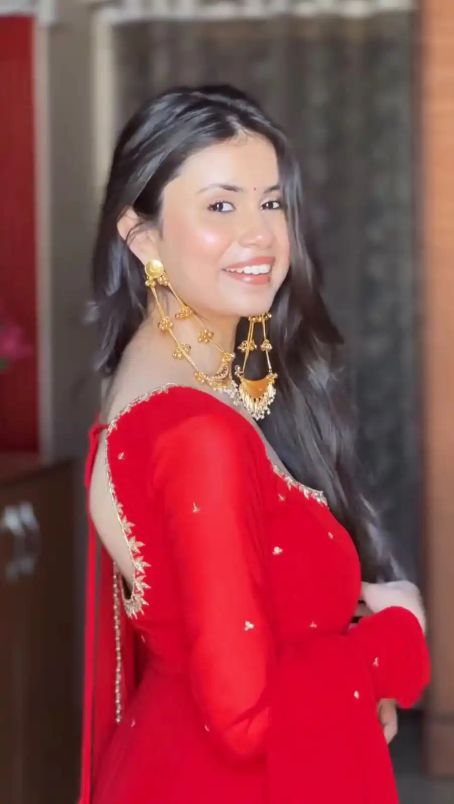 Fancy Red Fox Georgette Embroidery Work Gown - Image 2