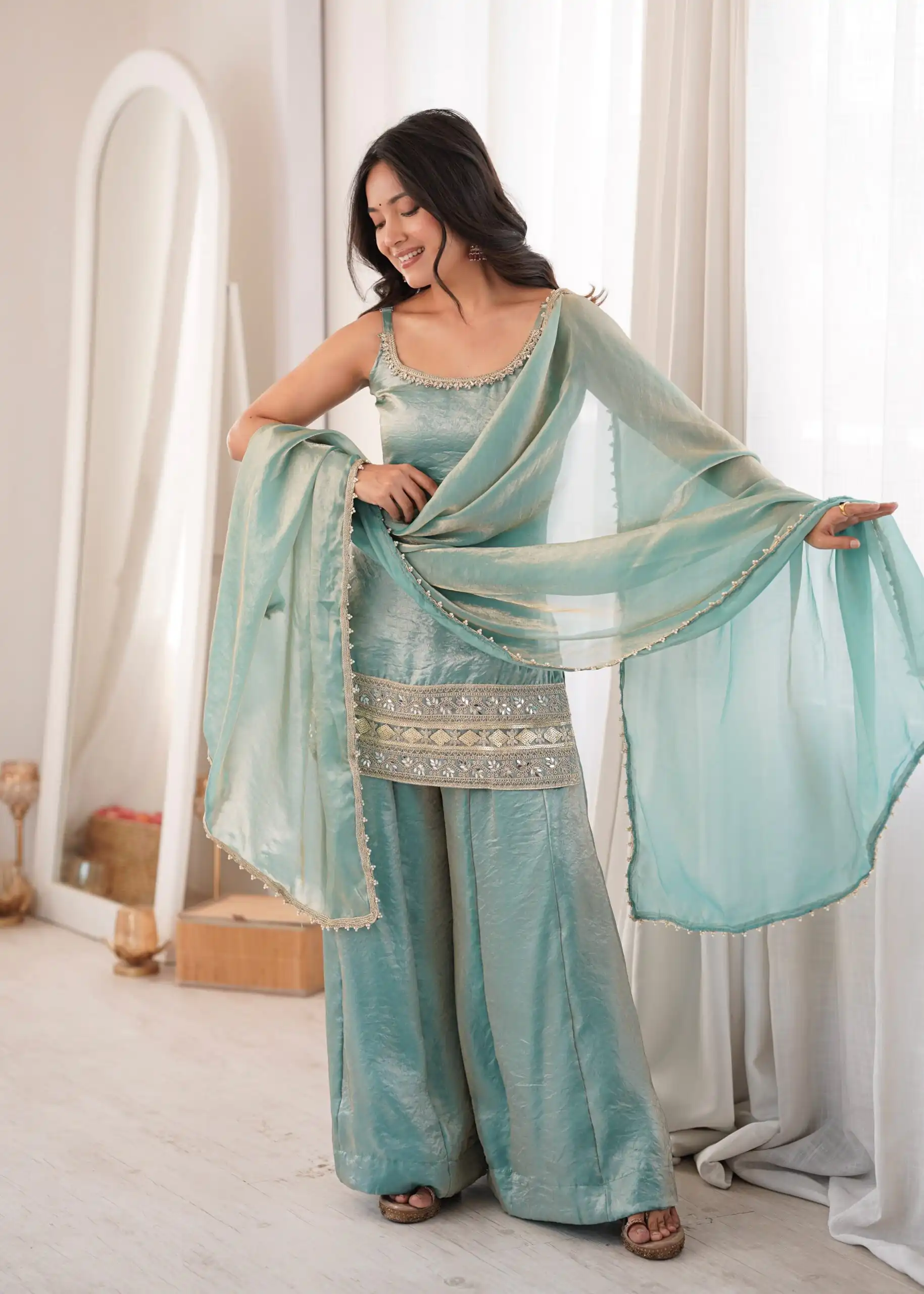 Fancy Sea Green Doremon Crush Embroider Work Salwar Suit - Image 4
