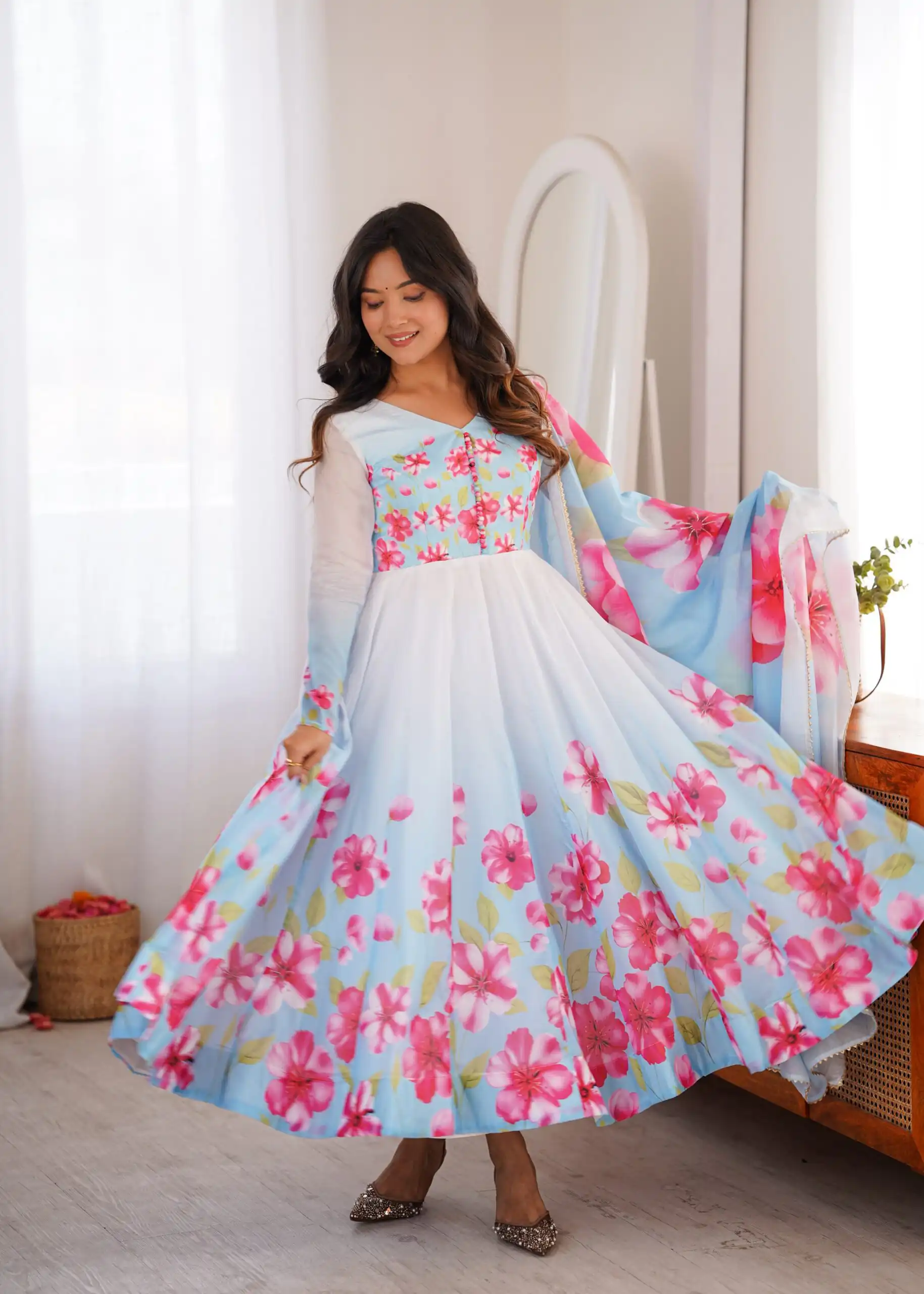 Fancy Sky Blue Organza Silk Gotta Patti Work Anarkali Suit - Image 2
